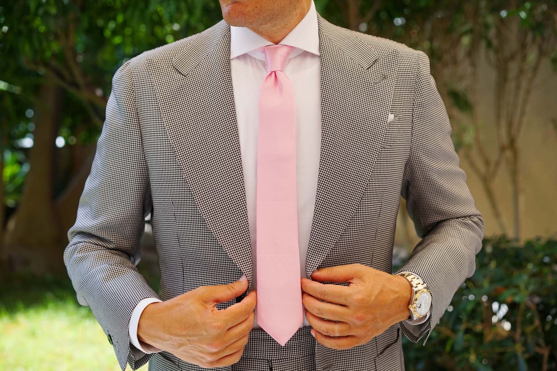 Peony Pink Basket Weave Skinny Tie