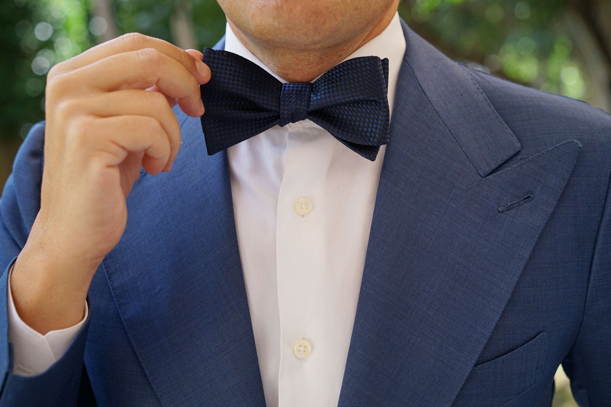 Navy Blue Basket Weave Checkered Self Bow Tie