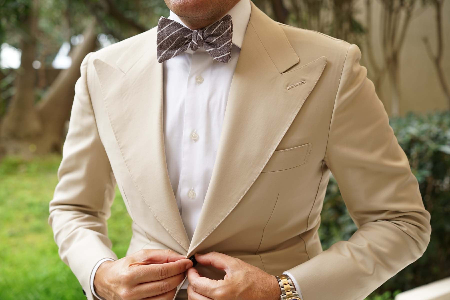 Mocha Brown Pinstripe Linen Self Bow Tie