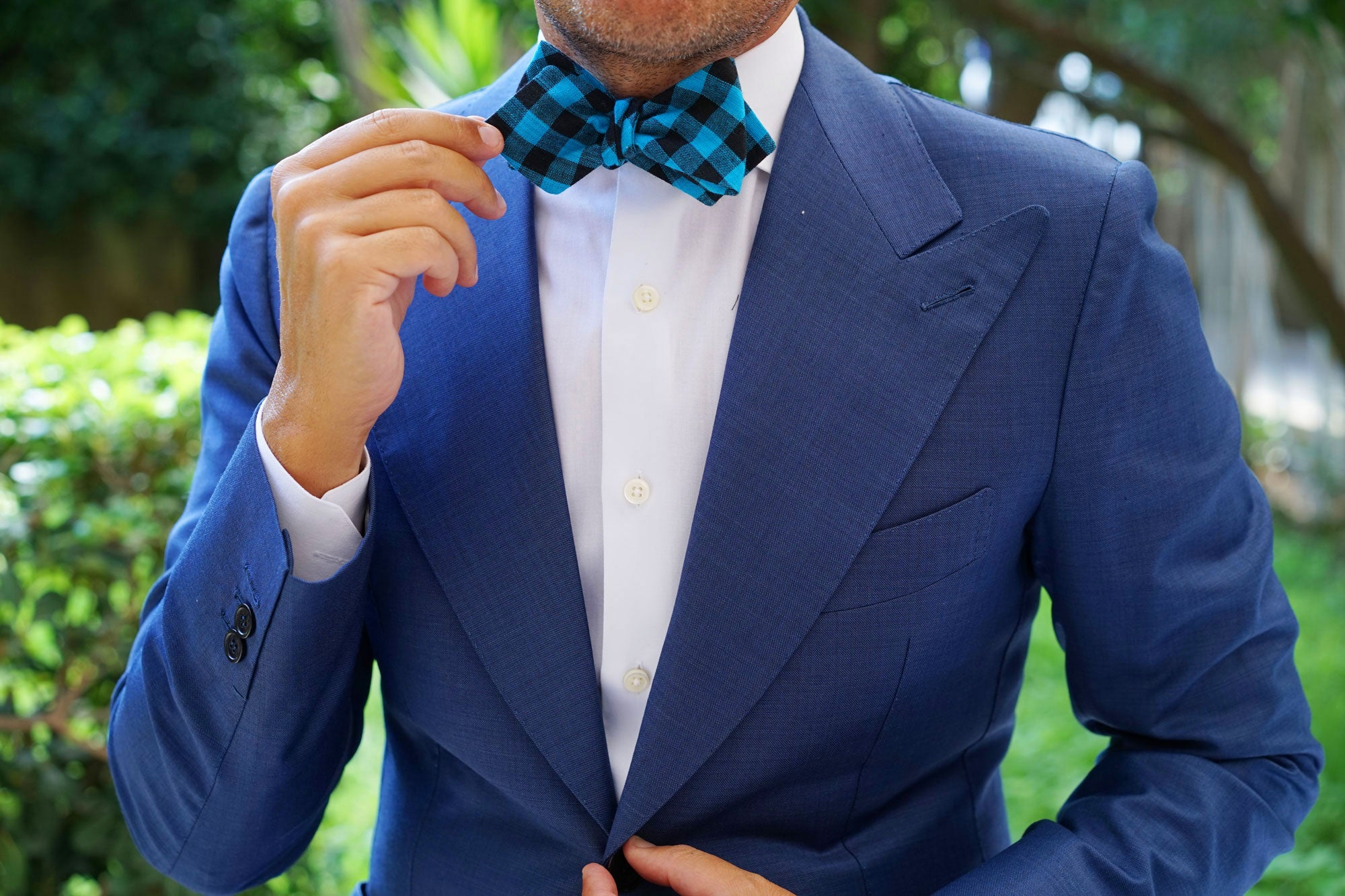 Grim Blue Gingham Diamond Self Bow Tie