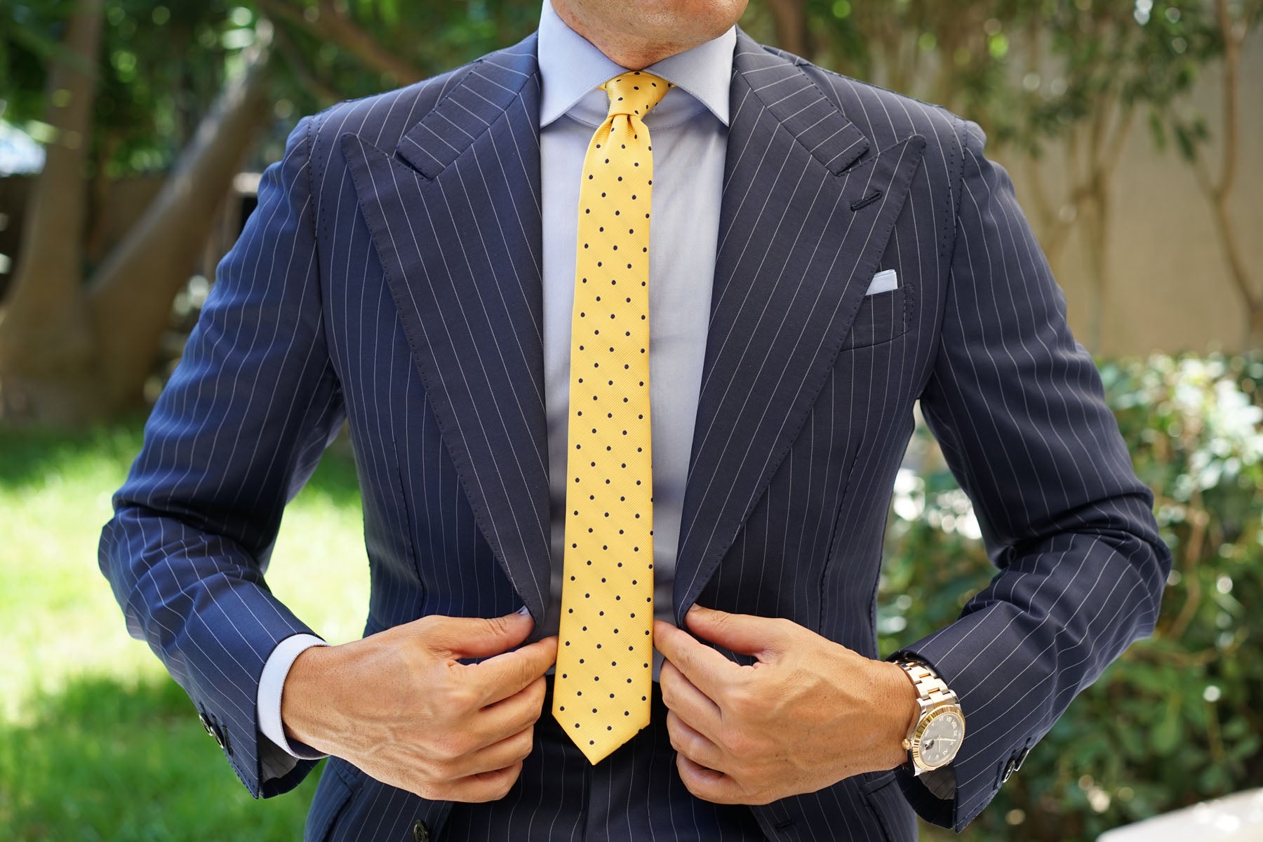 Yellow Skinny Tie with Navy Blue Polka Dots