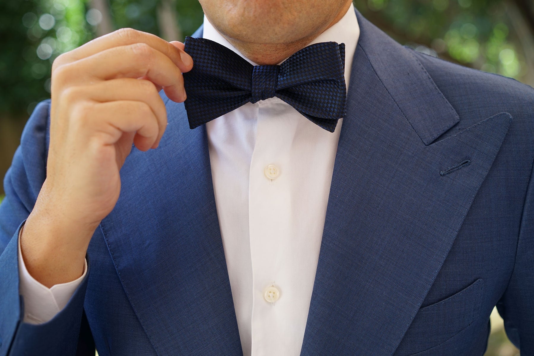 Navy Blue Basket Weave Checkered Self Bow Tie