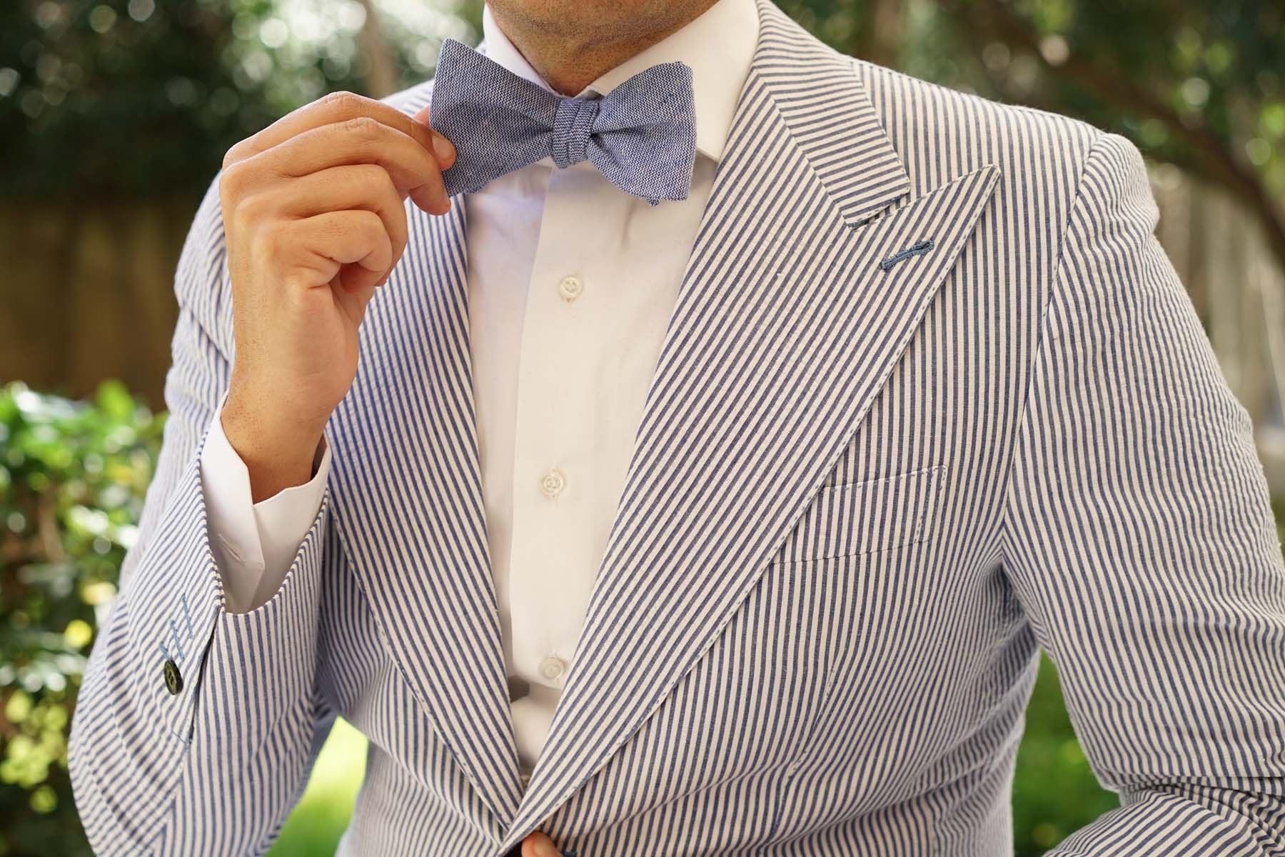 Santorini Blue Zig Zag Linen Self Bow Tie