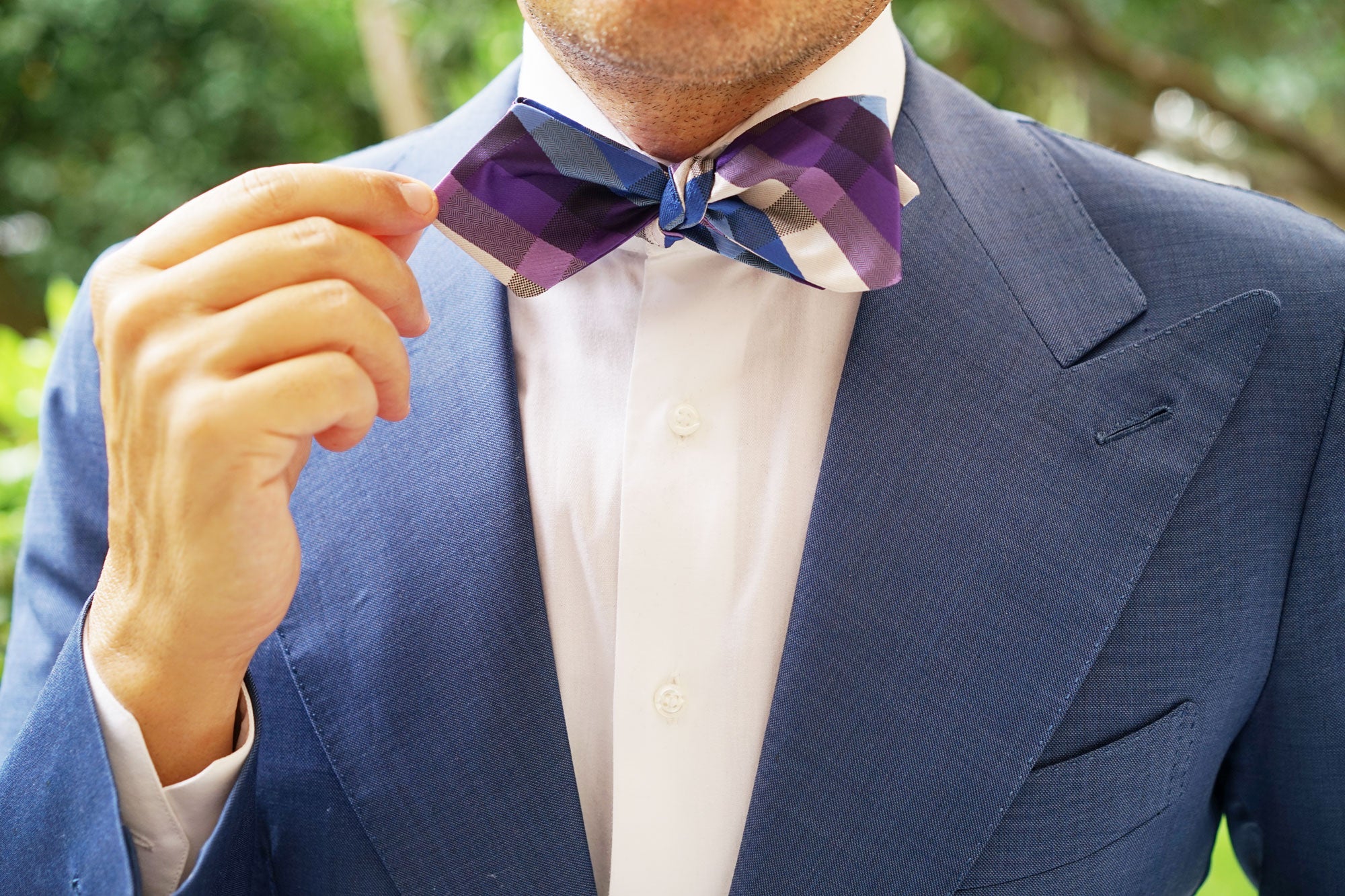 Royal Violet Checkered Self Tie Diamond Tip Bow Tie