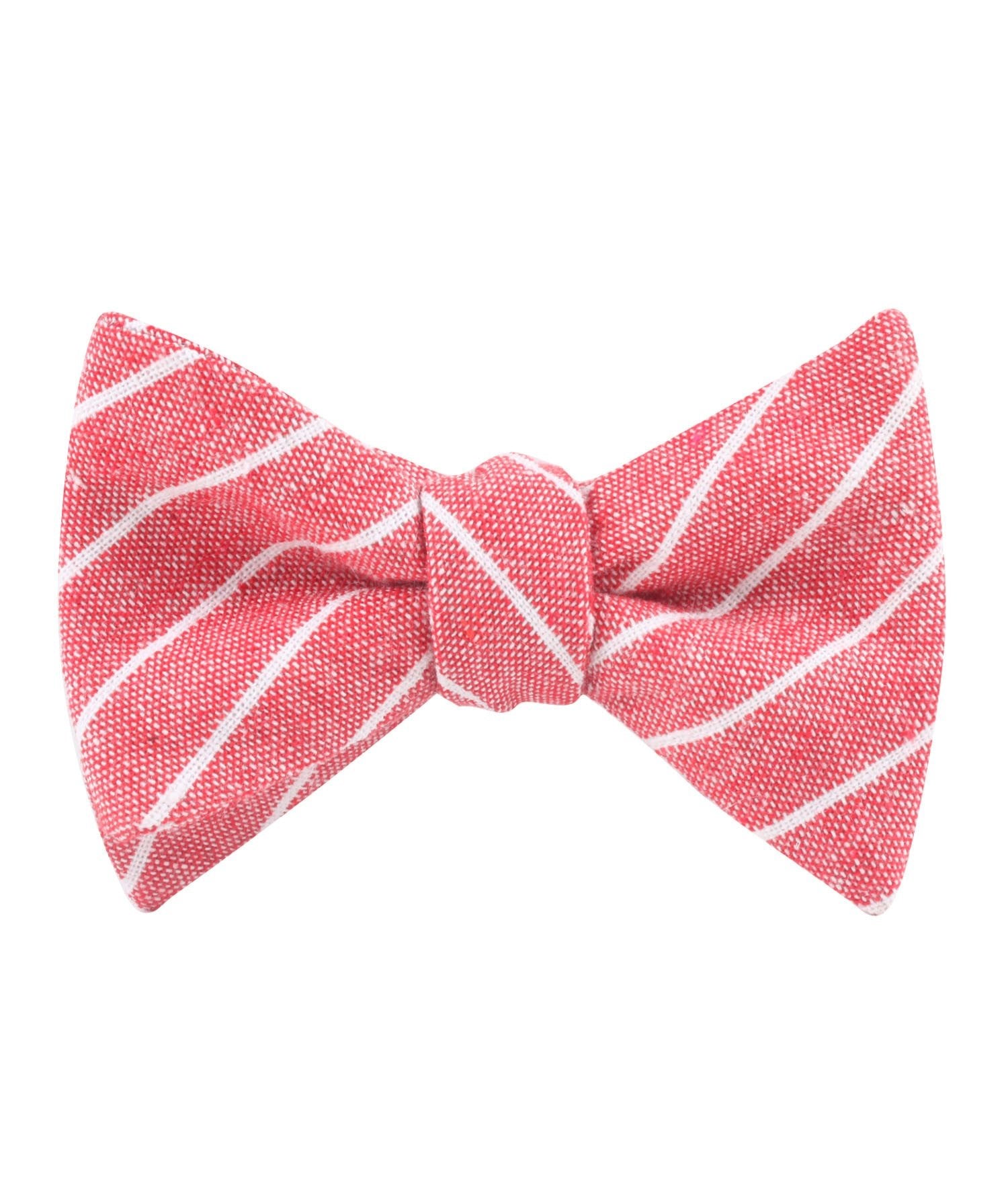 Crimson Red Linen Pinstripe Self Bow Tie