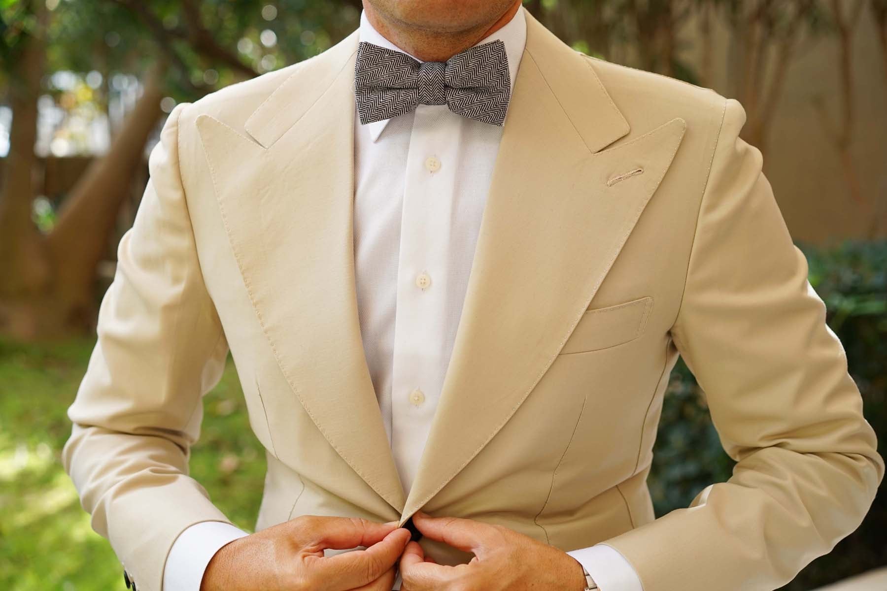 Black Herringbone Linen Bow Tie