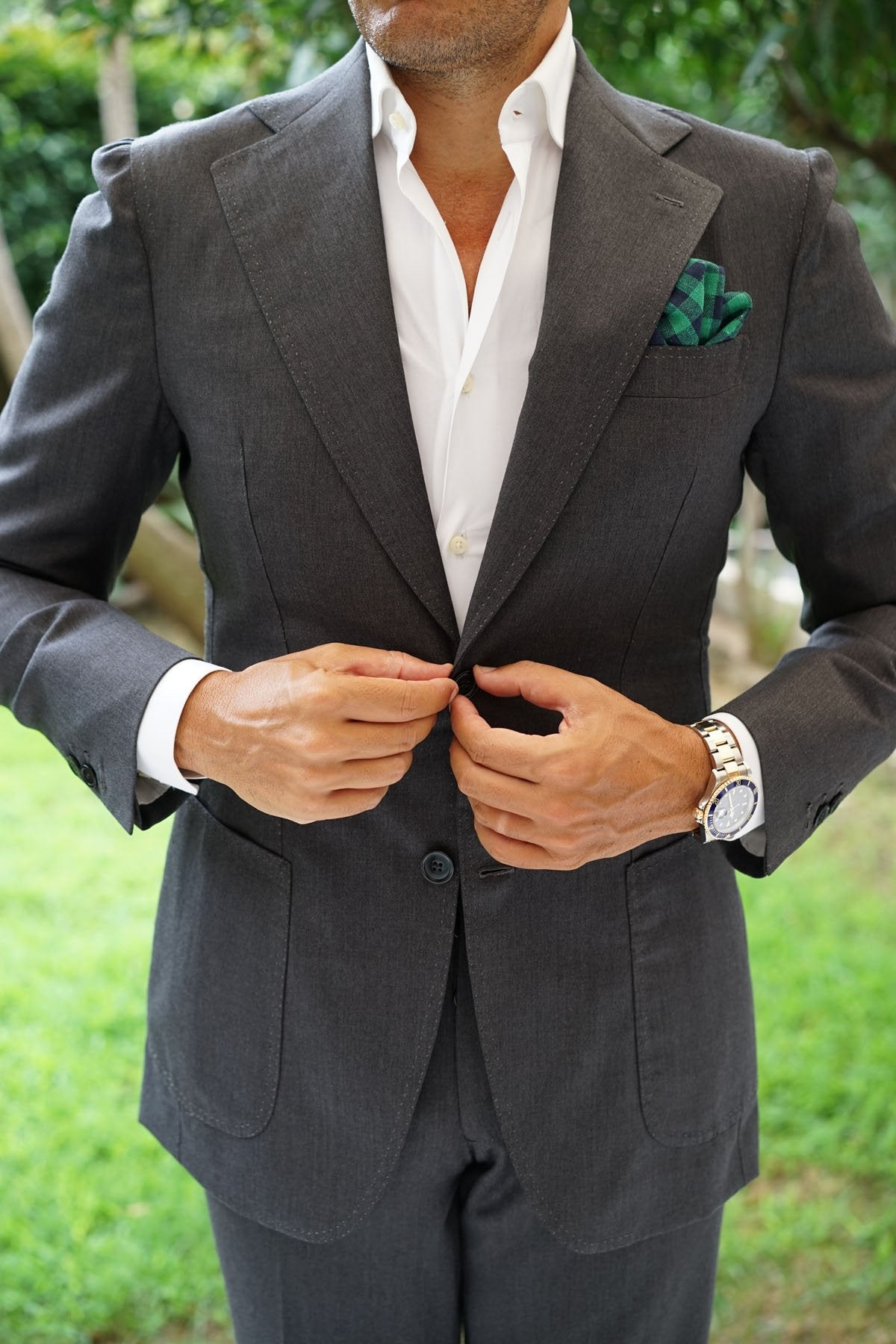 Raw Green Gingham Linen Pocket Square