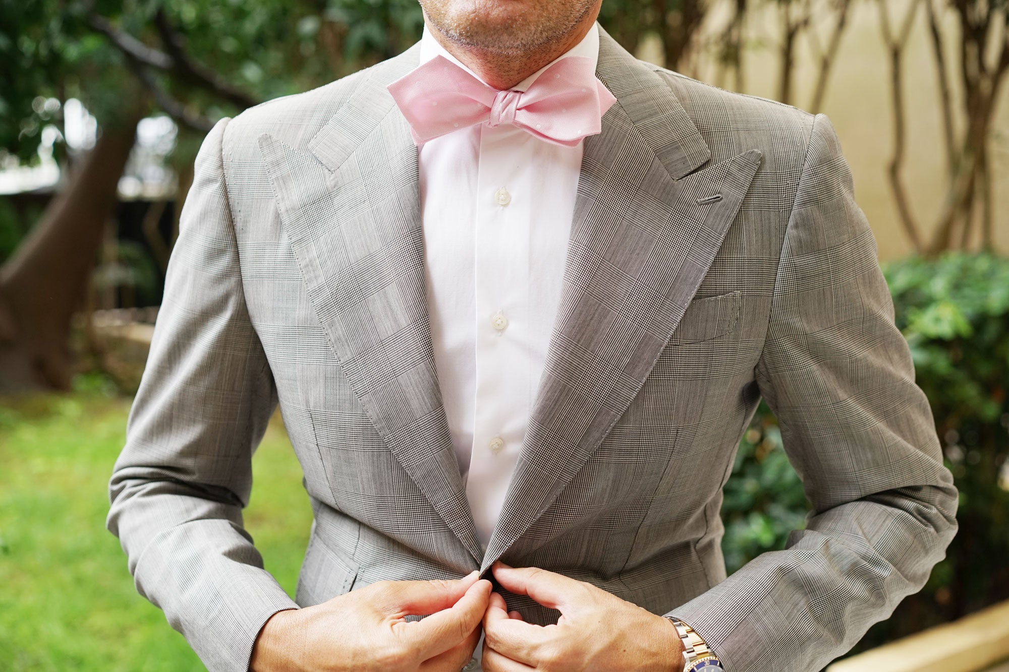 Baby Pink with White Polka Dots Self Tie Diamond Tip Bow Tie