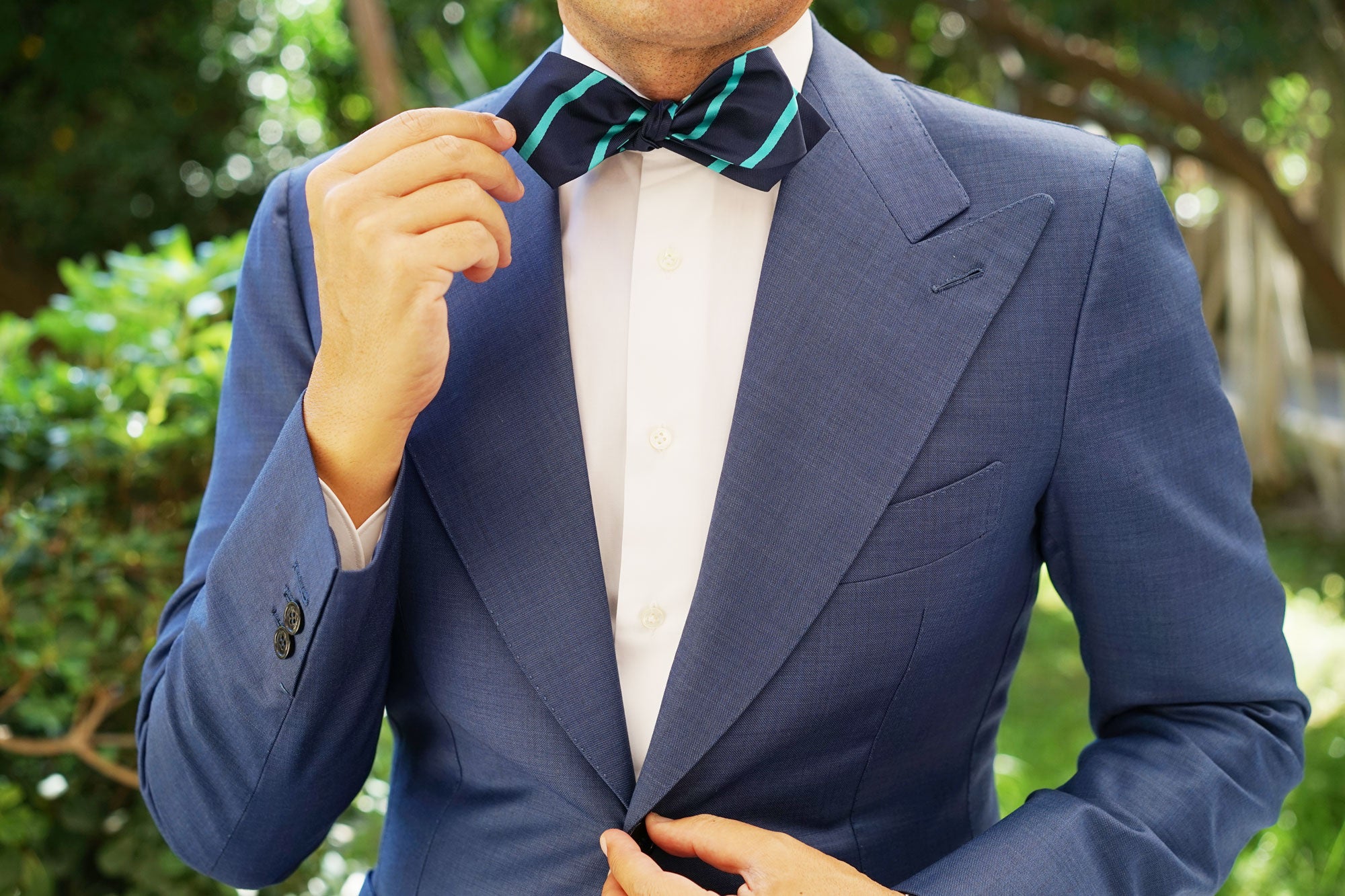 Navy Blue with Striped Light Blue Self Tie Diamond Tip Bow Tie