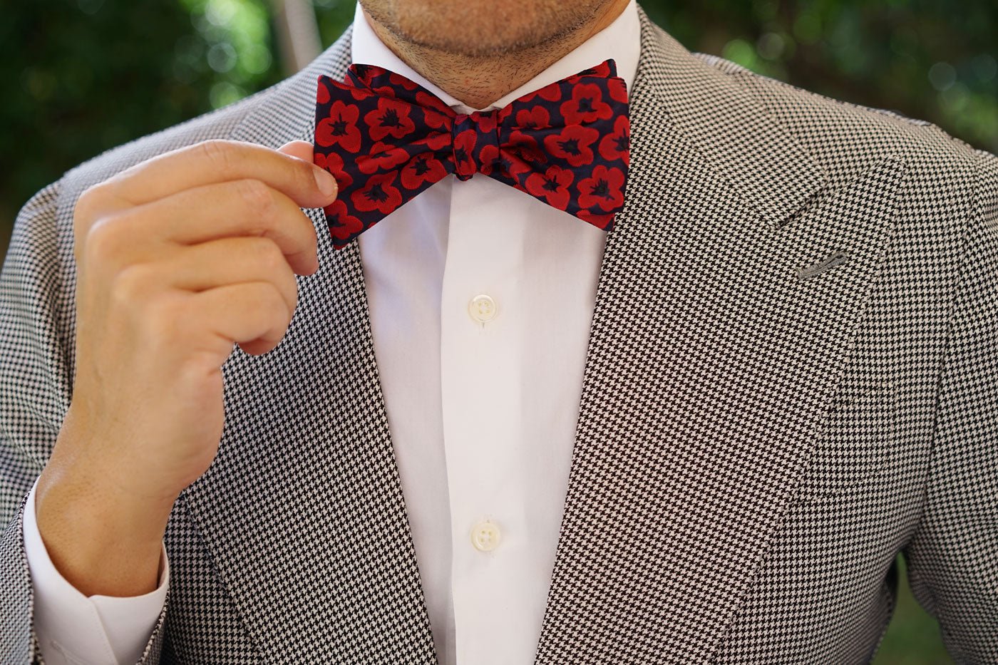 Red Poppy Floral Self Bow Tie