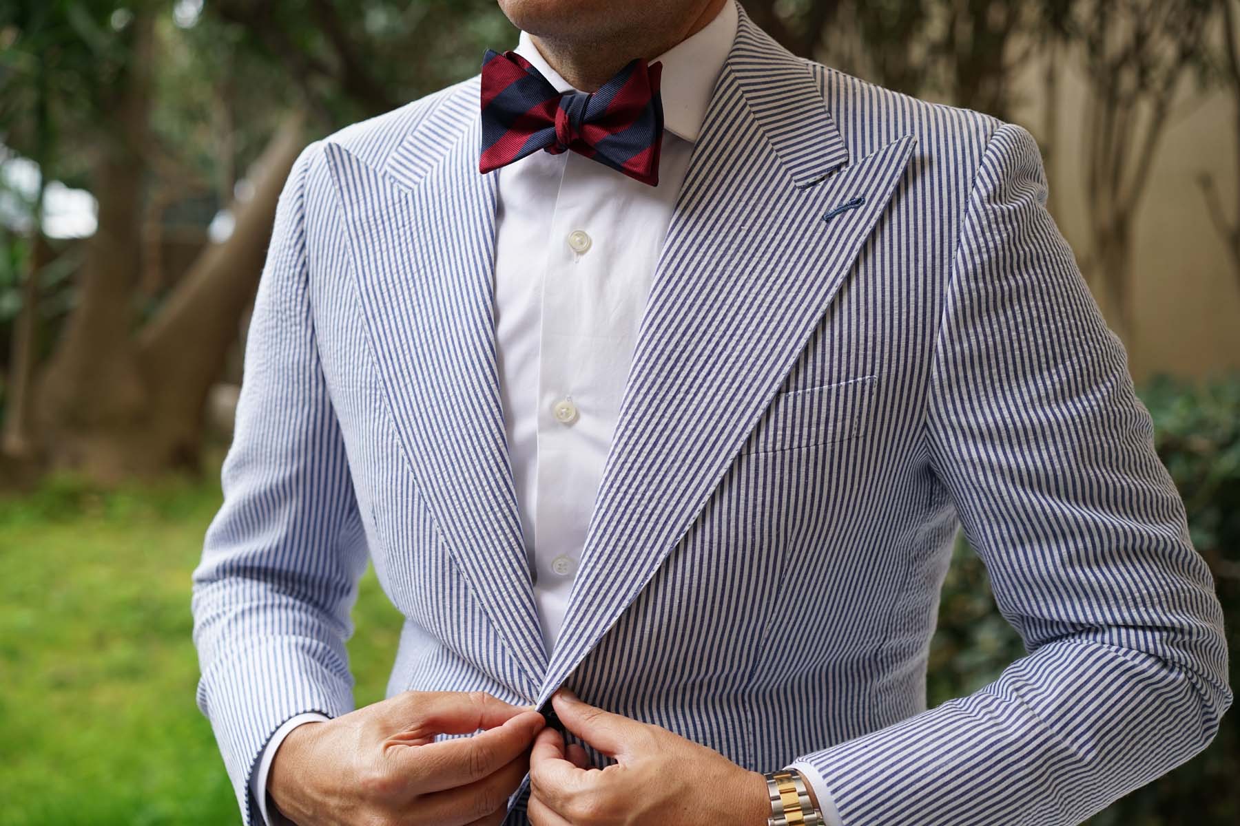 Burgundy & Navy Blue Stripes Self Bow Tie