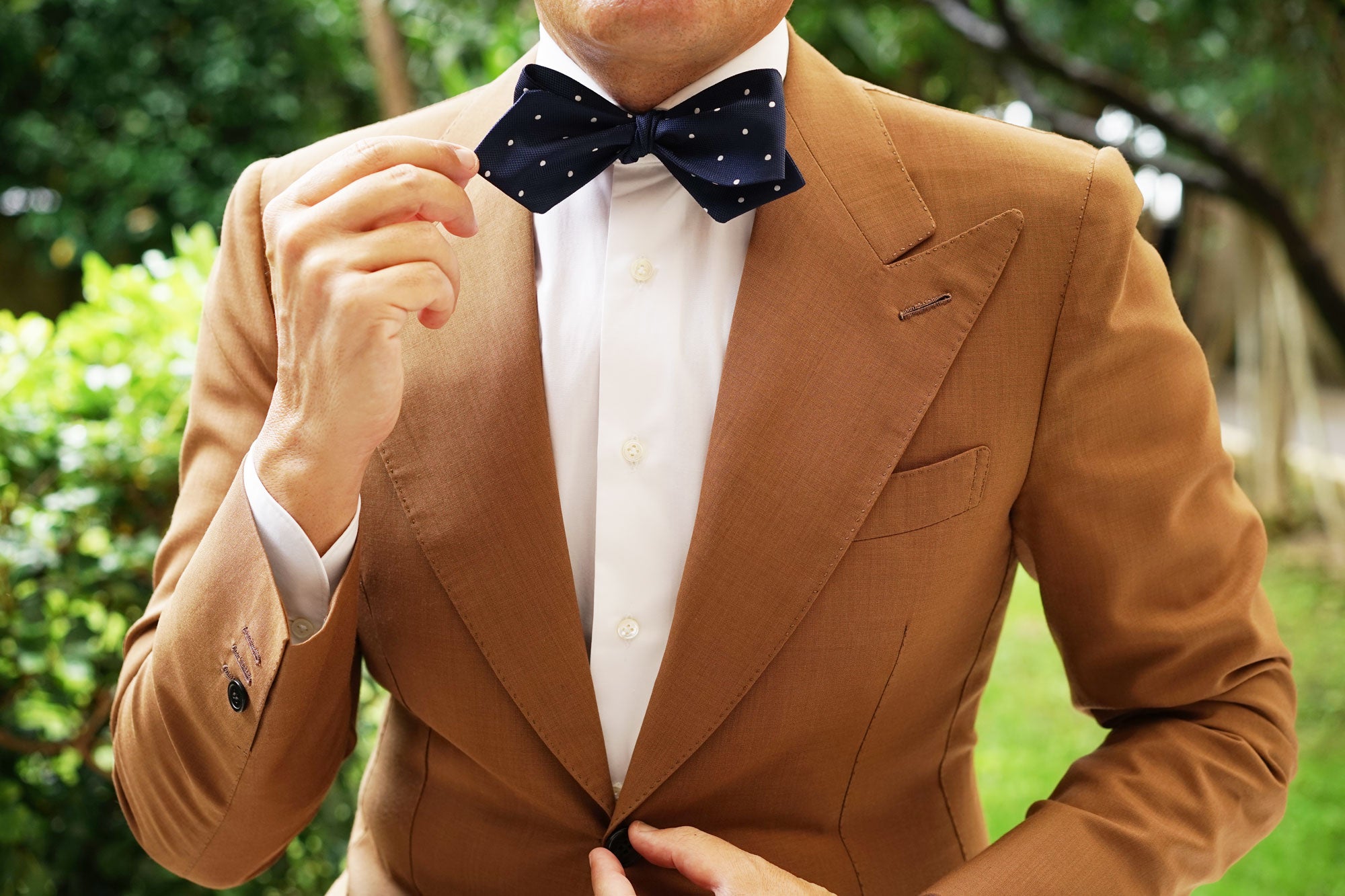 Navy Blue with White Polkadots Textured Self Tie Diamond Tip Bow Tie