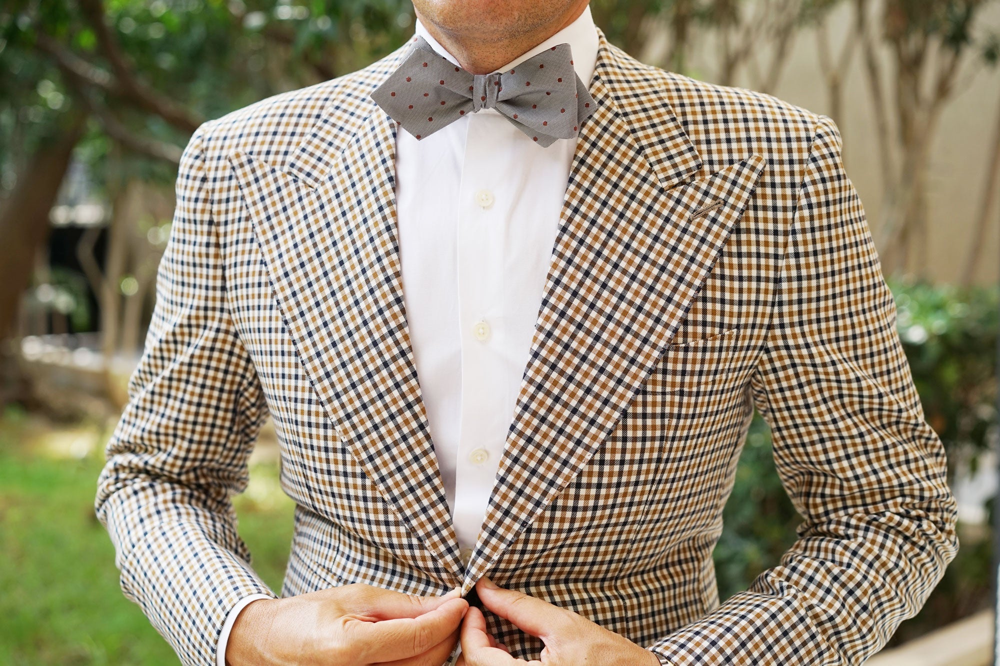 Grey with Brown Polka Dots Self Tie Diamond Tip Bow Tie