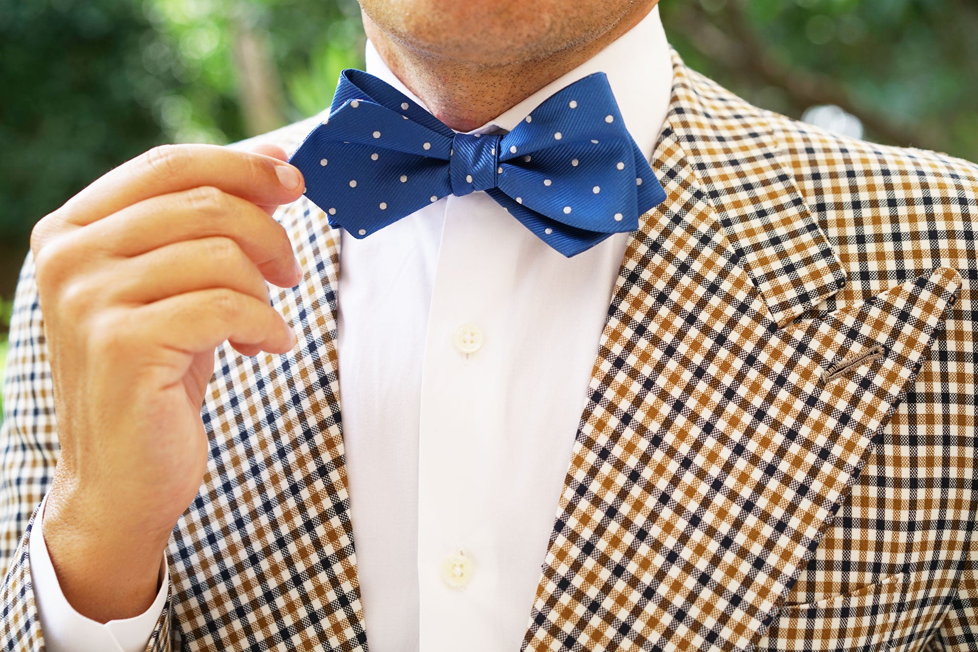 Royal Blue with White Polka Dots Self Tie Diamond Tip Bow Tie