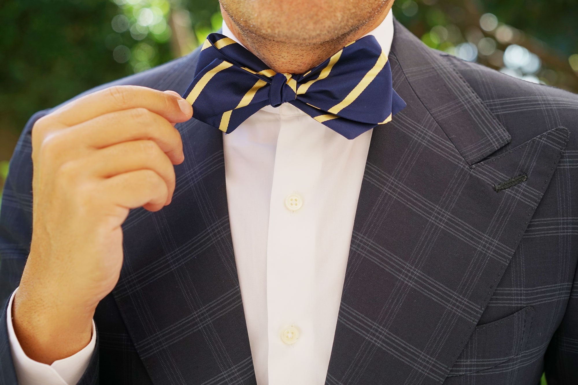 Navy Blue with Yellow Stripes Self Tie Diamond Tip Bow Tie