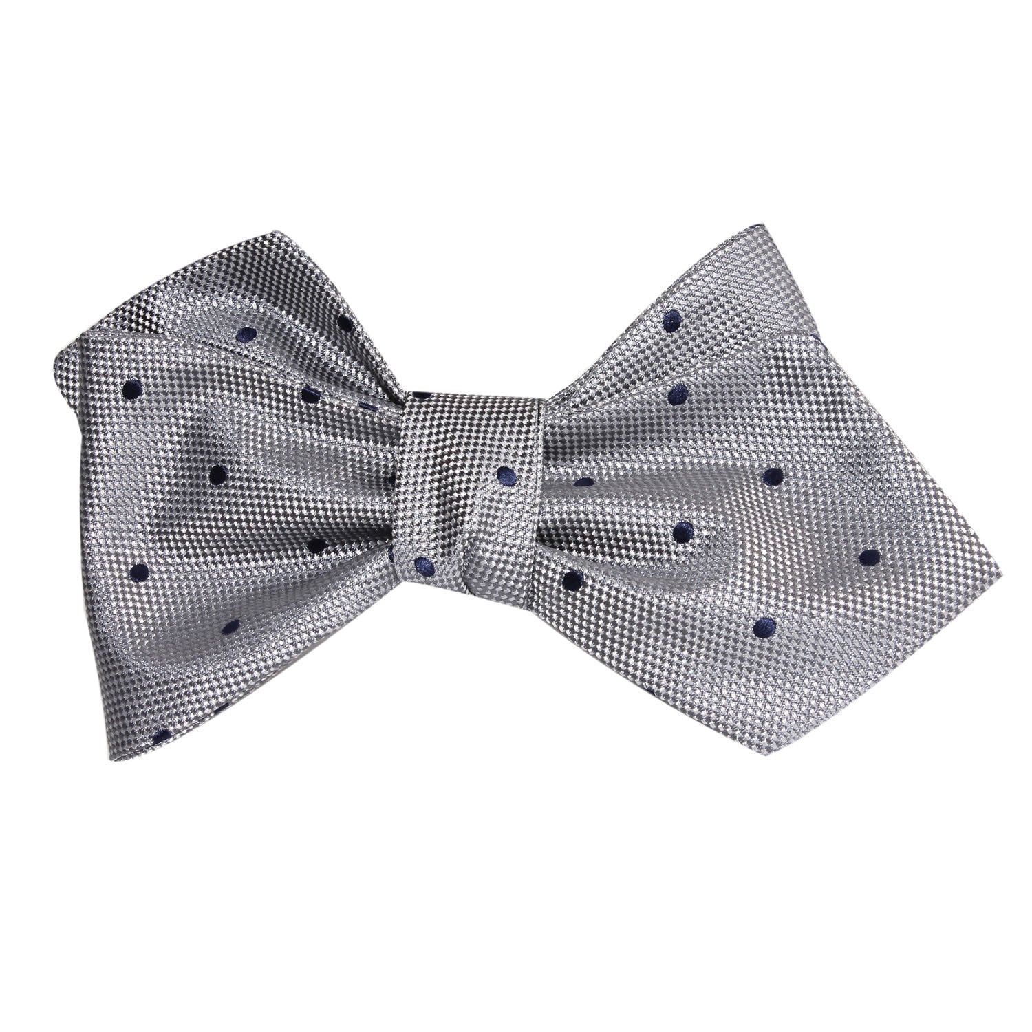 Grey with Oxford Navy Blue Polka Dots Self Tie Diamond Tip Bow Tie