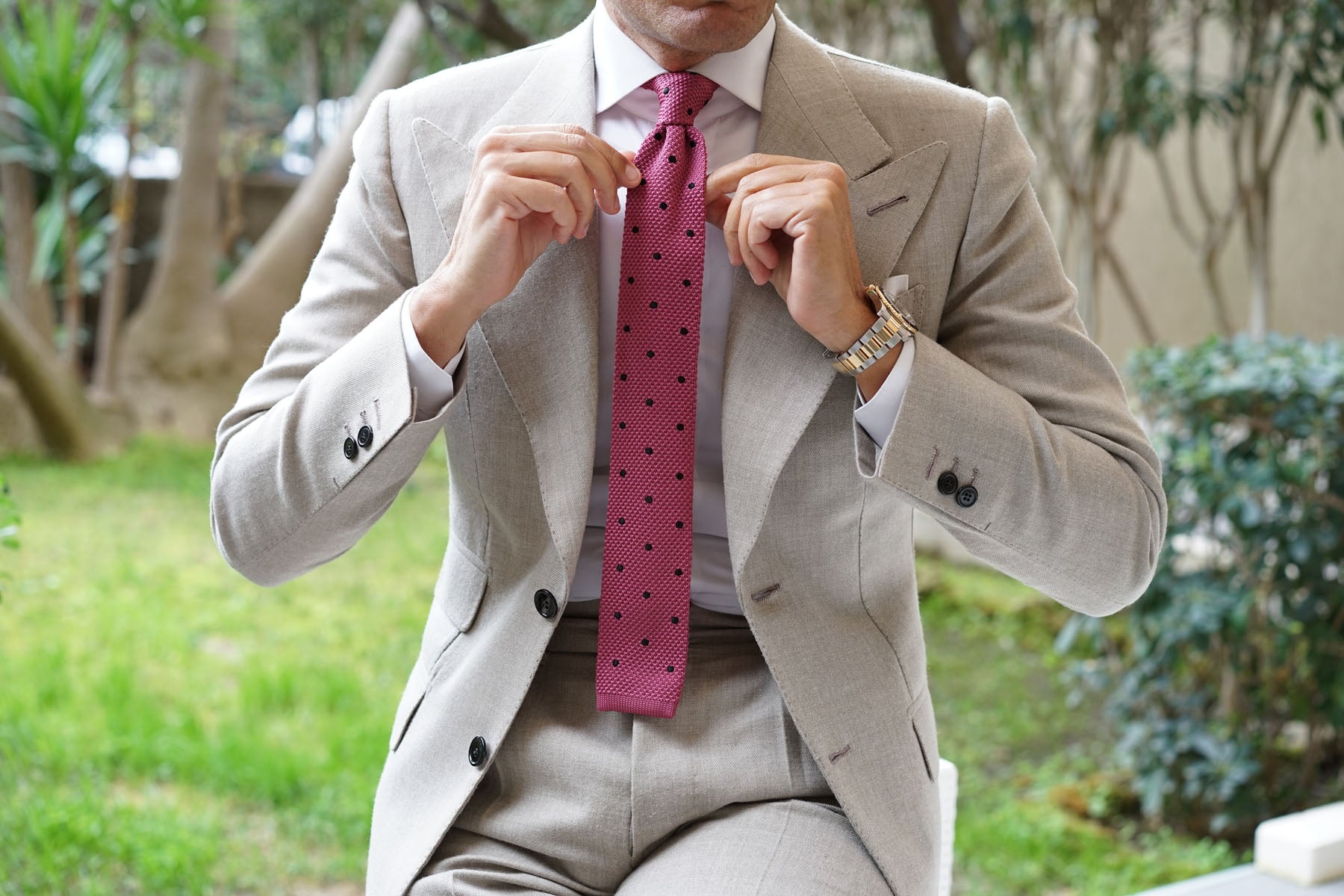 Rose Pink with Black Polkadots Knitted Tie