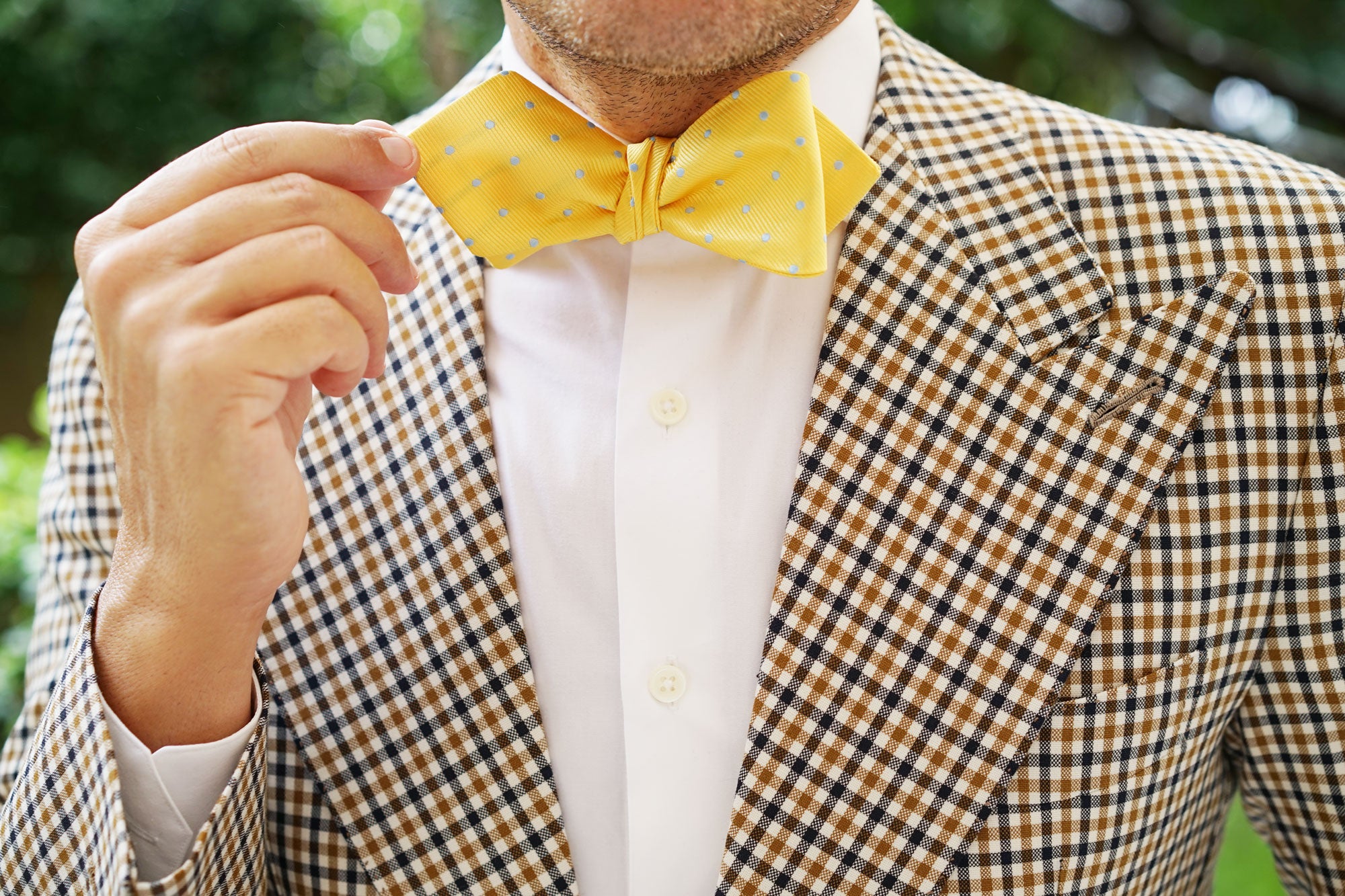 Yellow on Blue Pin Dots Diamond Self Bow Tie