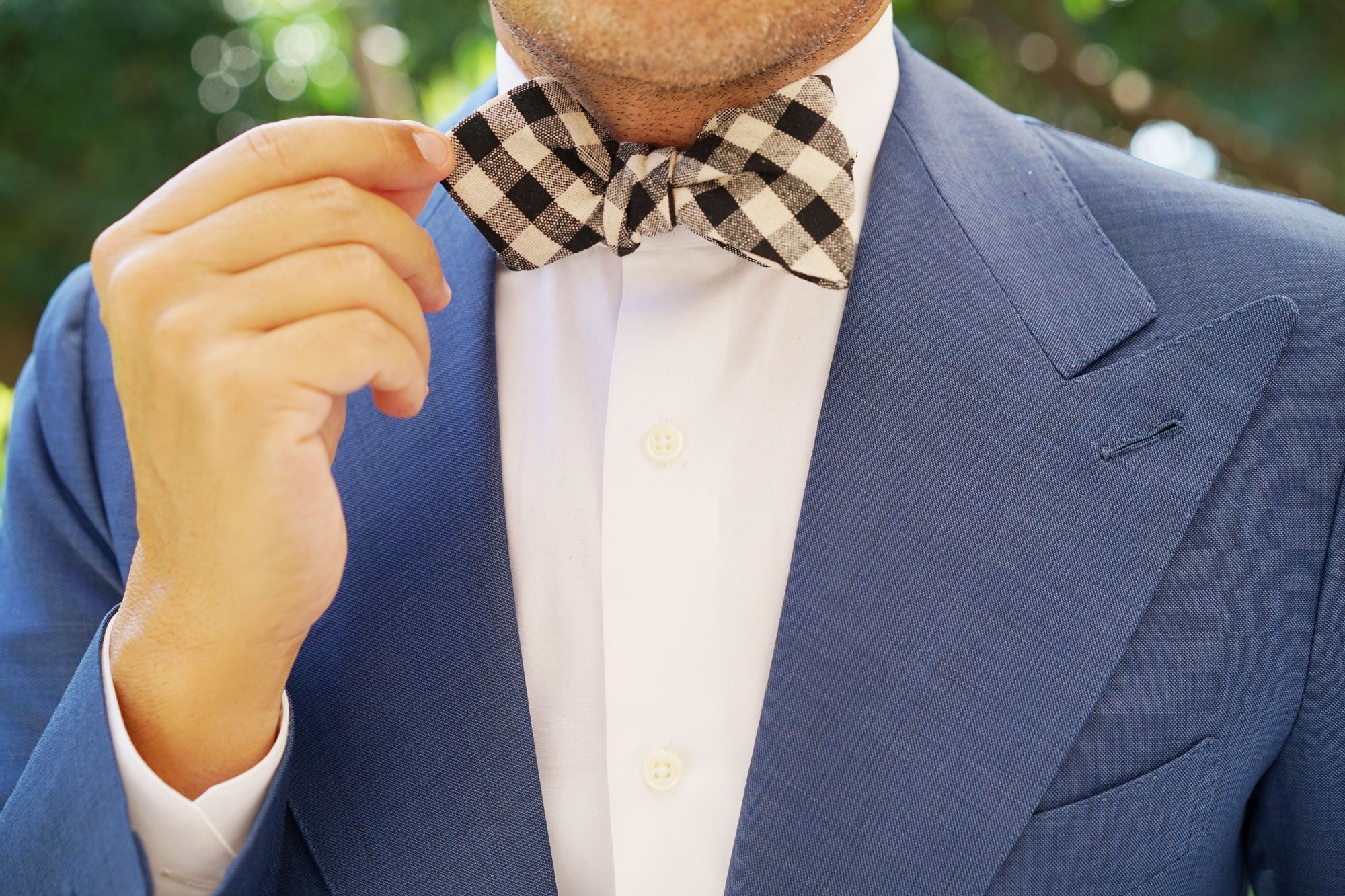 Khaki & Black Gingham Linen Diamond Self Bow Tie