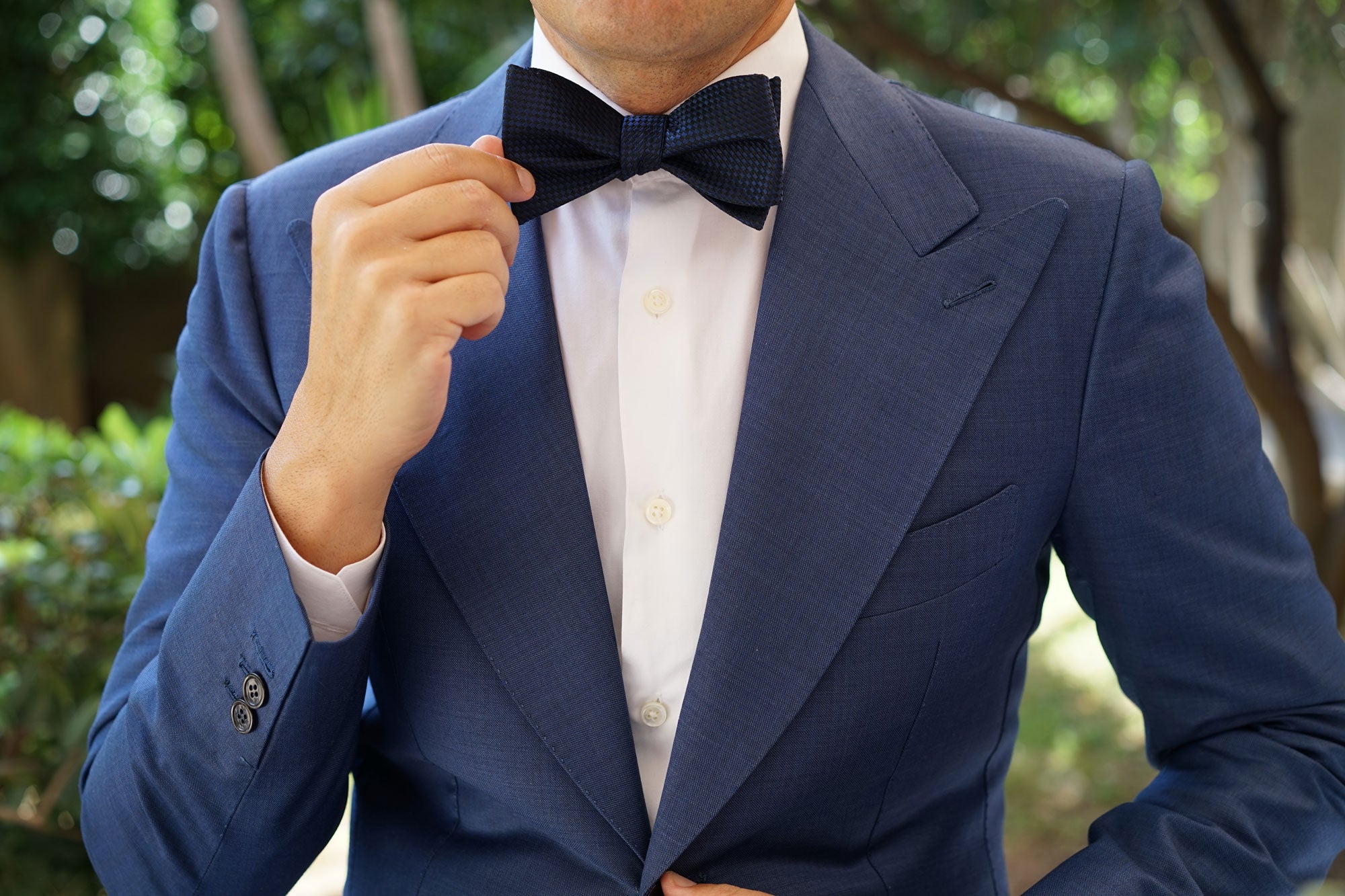 Navy Blue Basket Weave Checkered Self Bow Tie