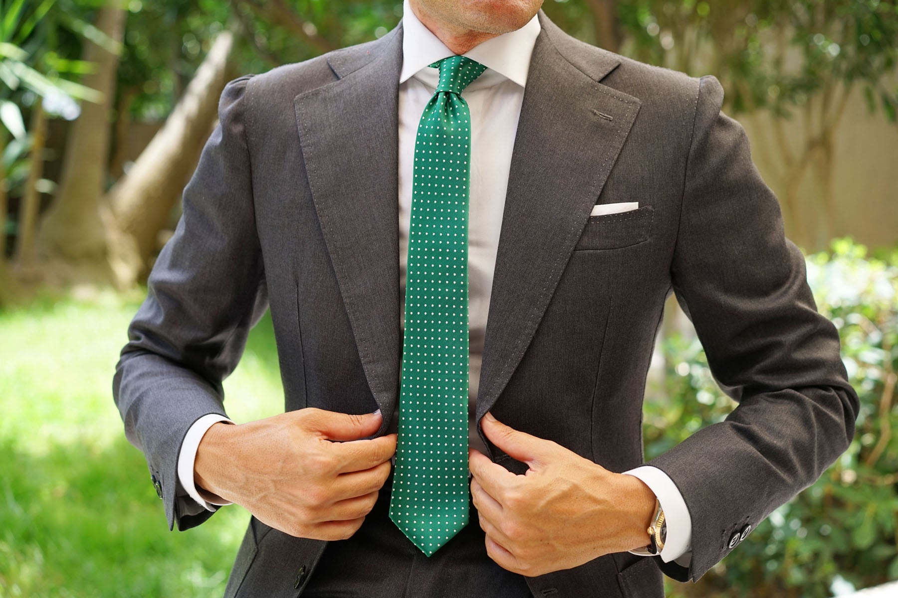 Green Skinny Tie with White Polka Dots