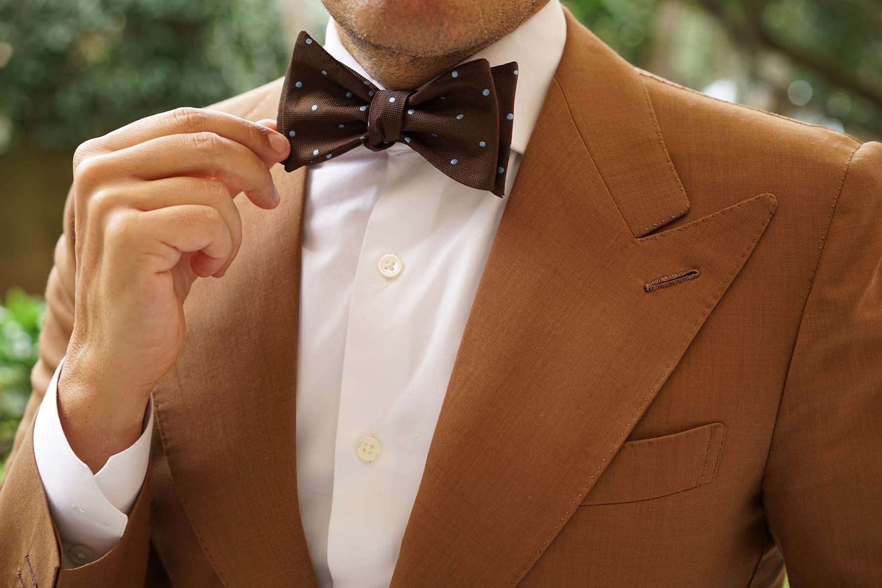 Brown on Blue Polkadot Self Bow Tie