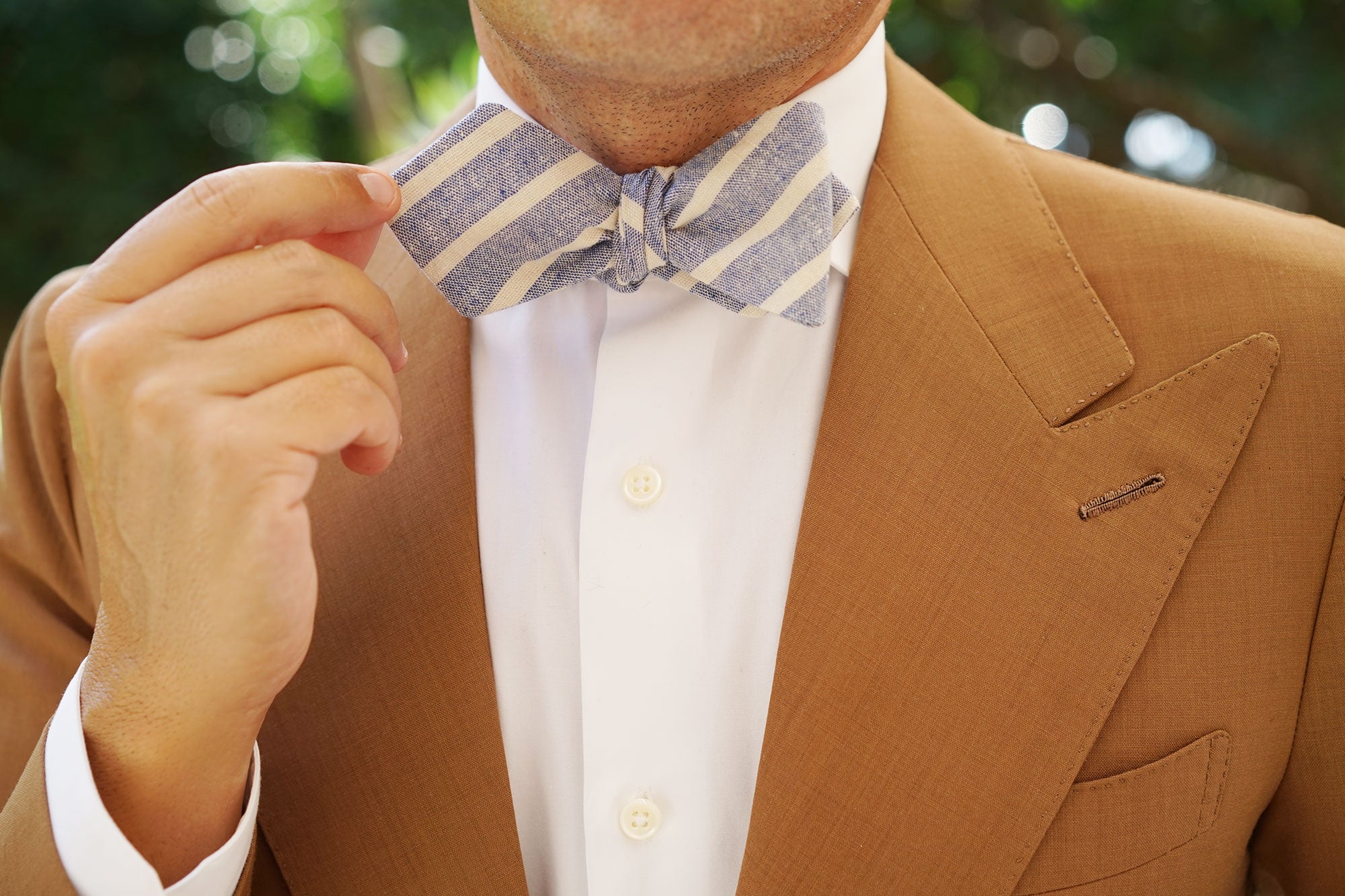 Blue Bodrum Linen Chalk Stripe Diamond Self Bow Tie