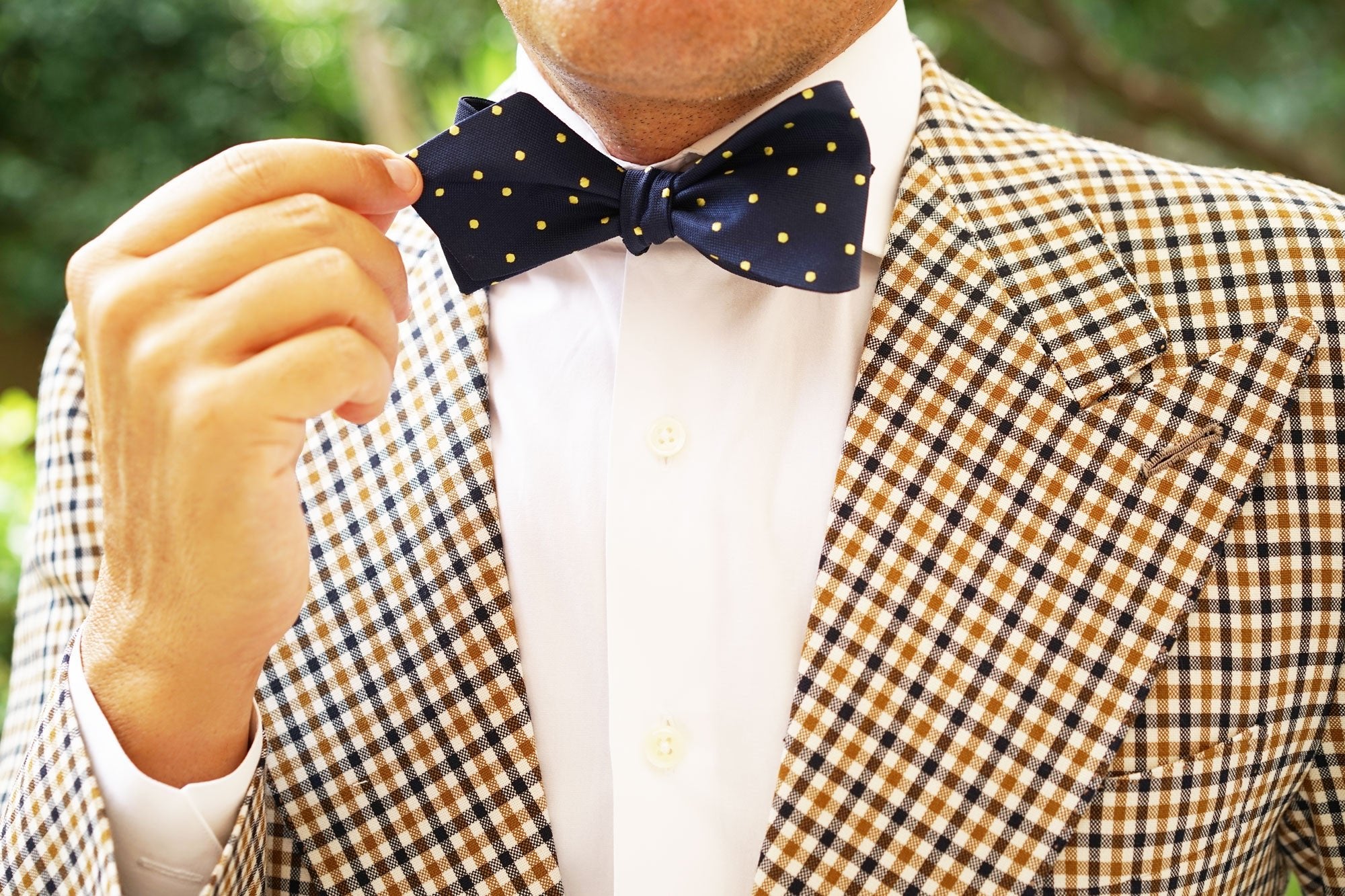 Navy Blue with Yellow Polka Dots Self Tie Diamond Tip Bow Tie