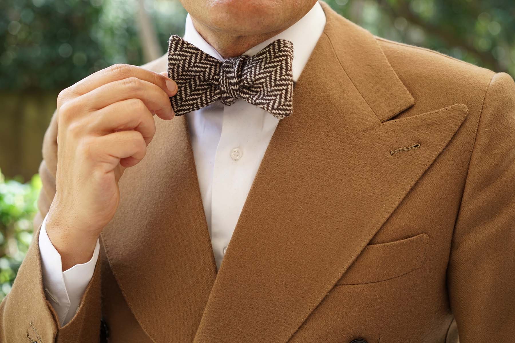 Brown Chevron Wool Self Bow Tie