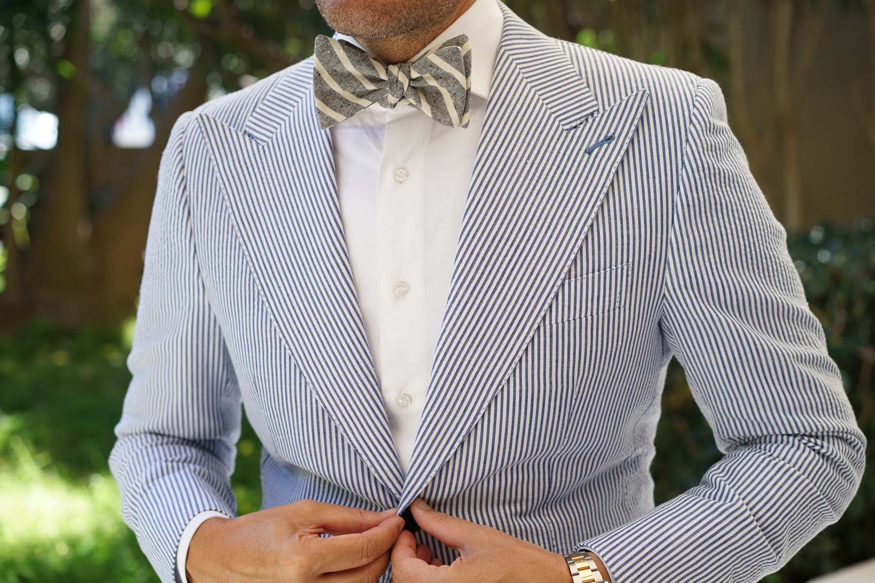 Adana Black Chalk Stripe Linen Self Bow Tie