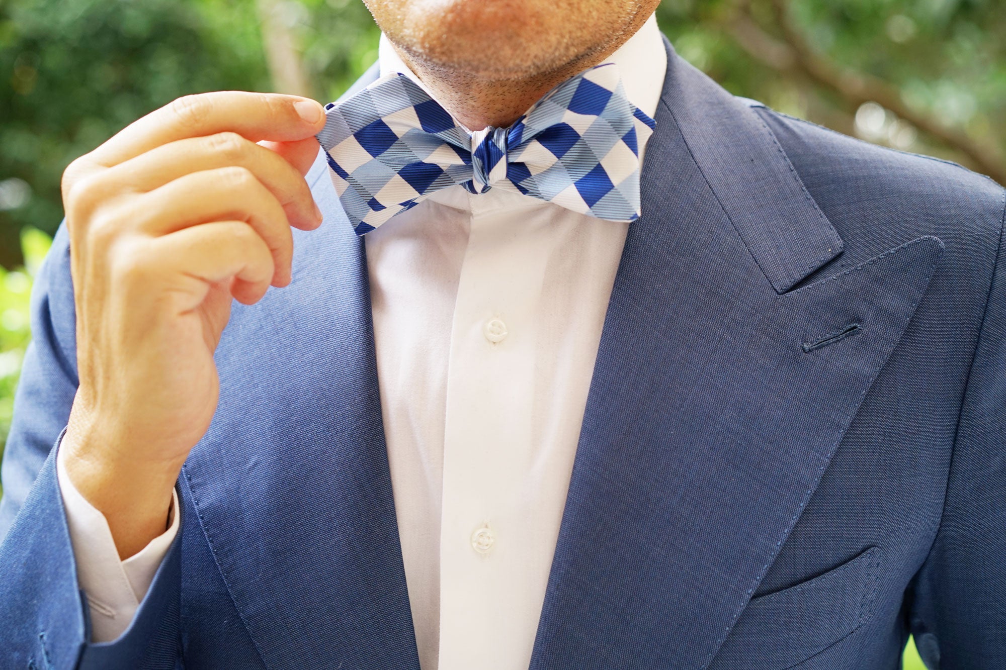 Sea and Light Blue White Checkered Self Tie Diamond Tip Bow Tie