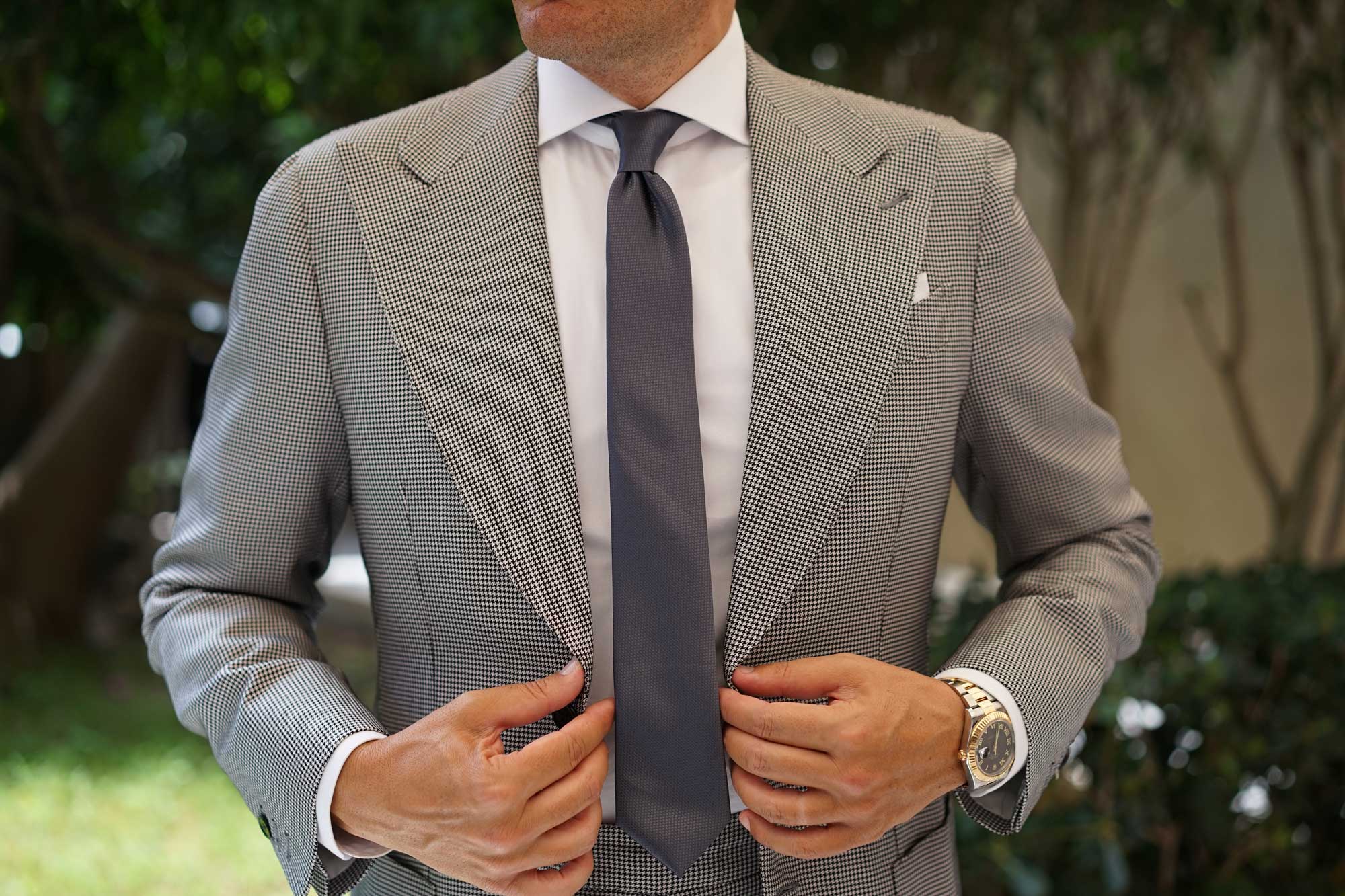 Slate Grey Charcoal Basket Weave Skinny Tie