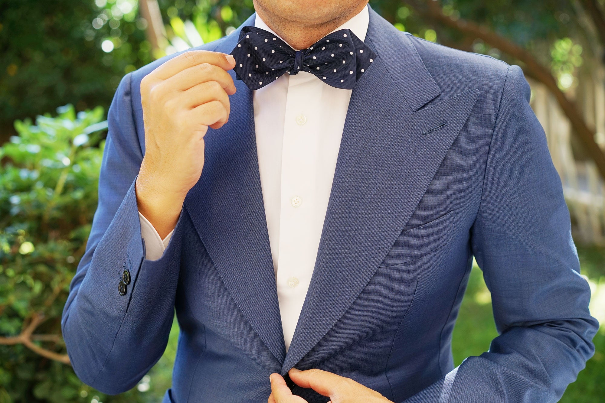 Navy Blue with White Polka Dots Self Tie Diamond Tip Bow Tie