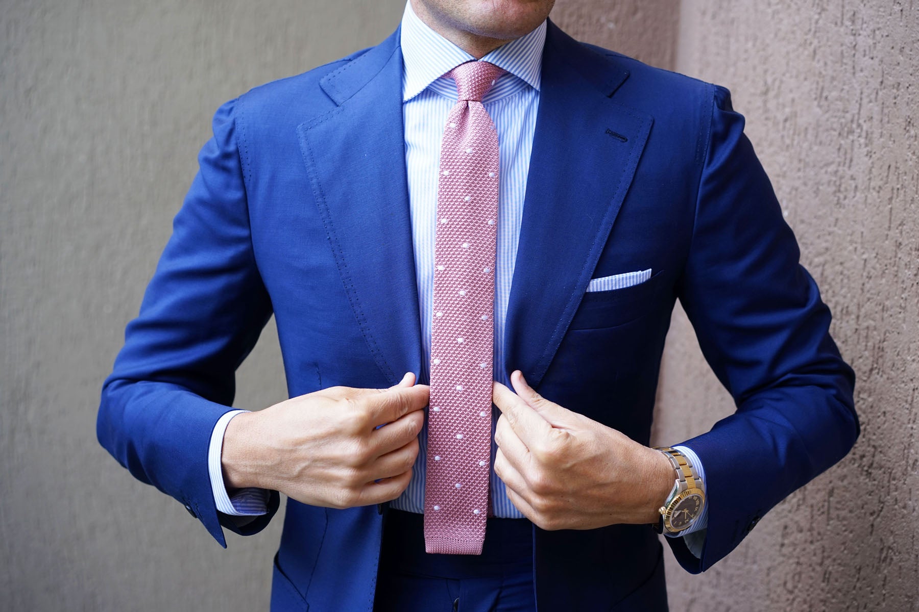 Pink Knitted Tie with White Polka Dots