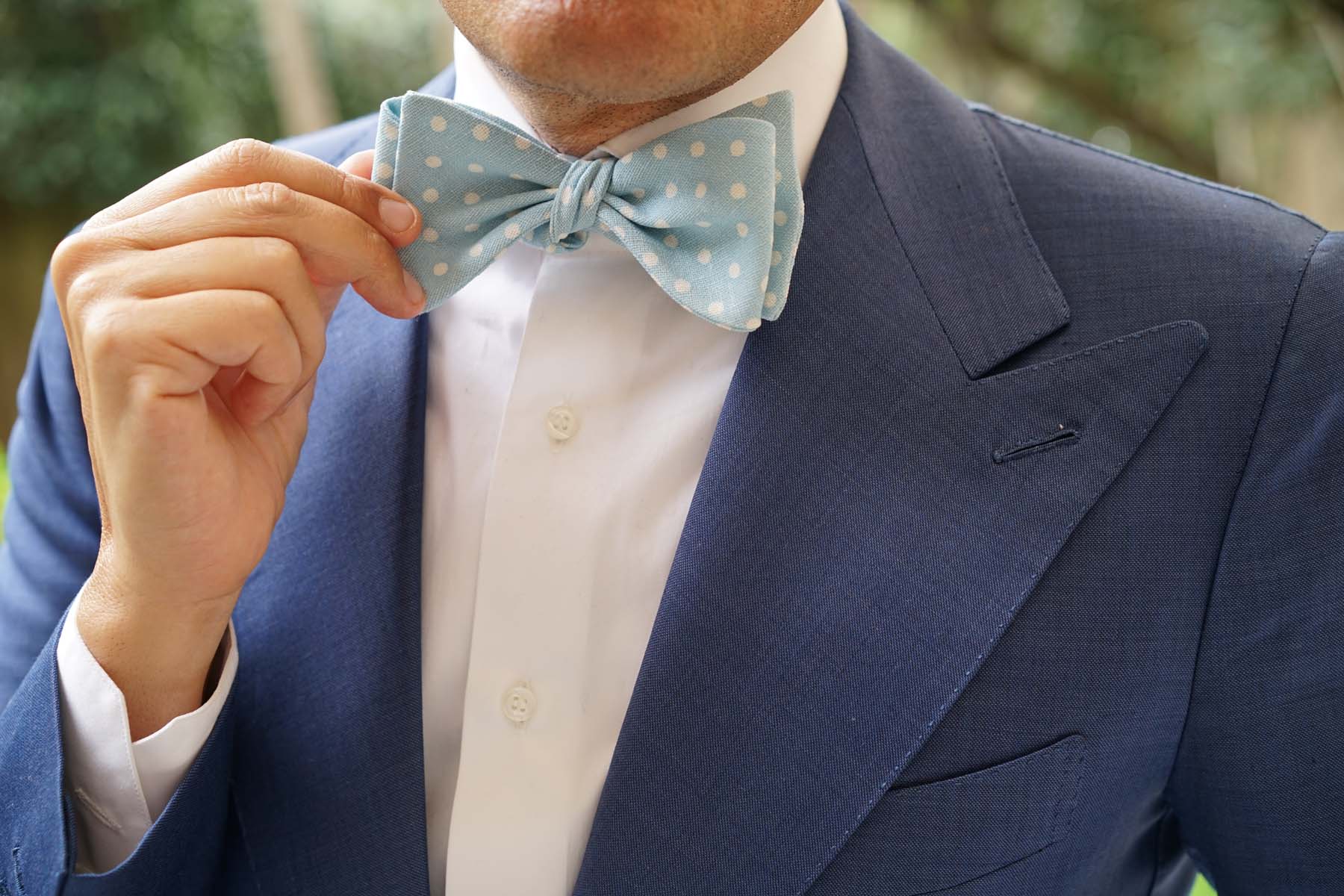 Light Blue Linen Polka Dot Self Tie Bow Tie