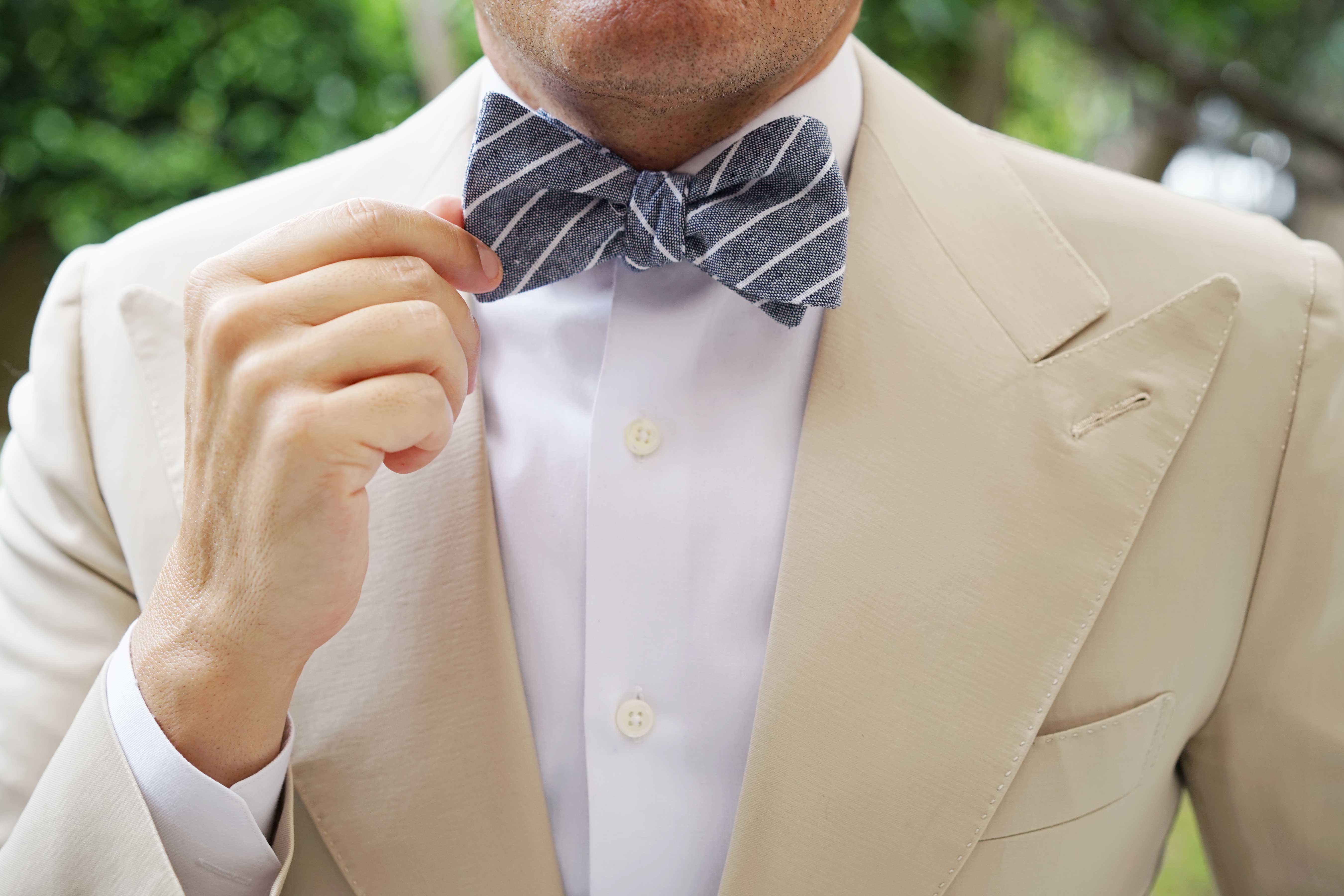 Starry Night Blue Pinstripe Linen Self Bow Tie