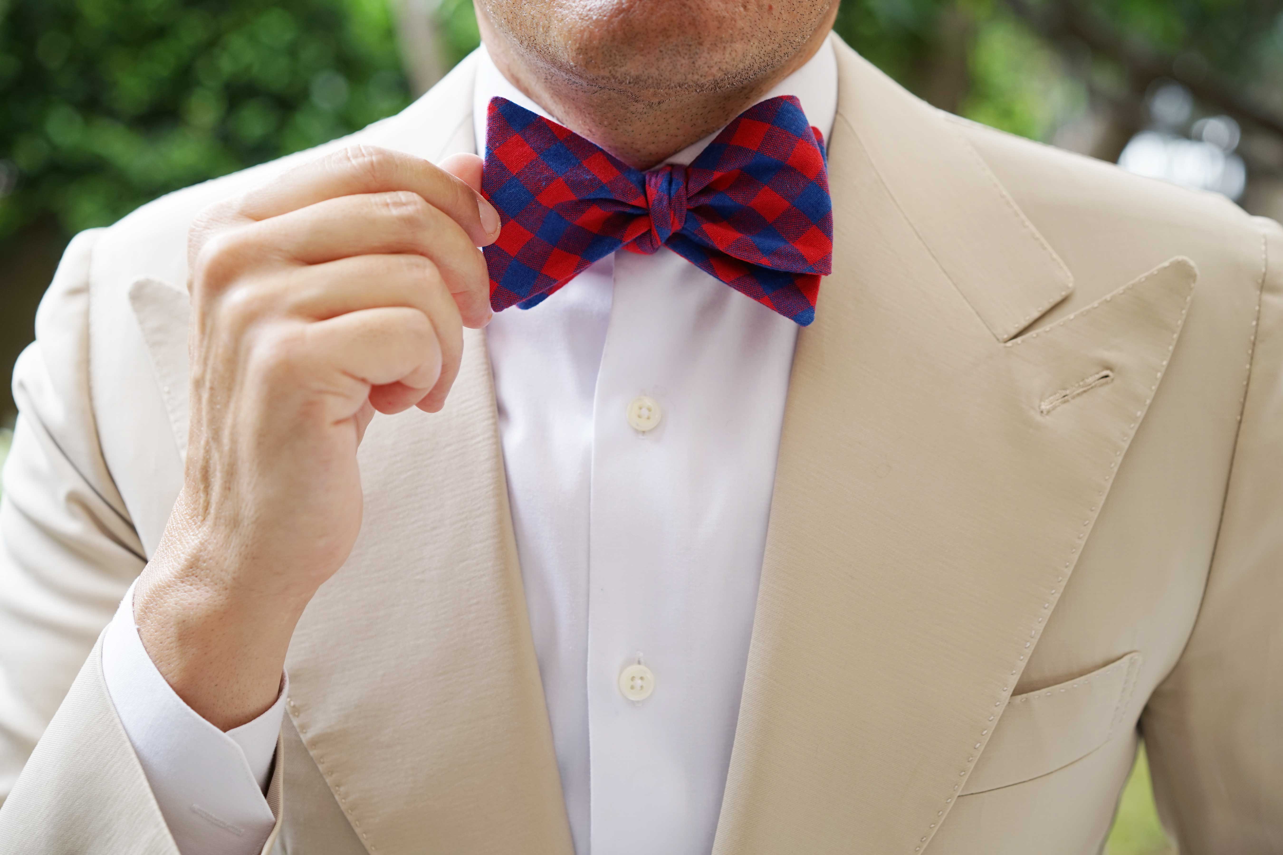 Blue & Red Gingham Self Bow Tie