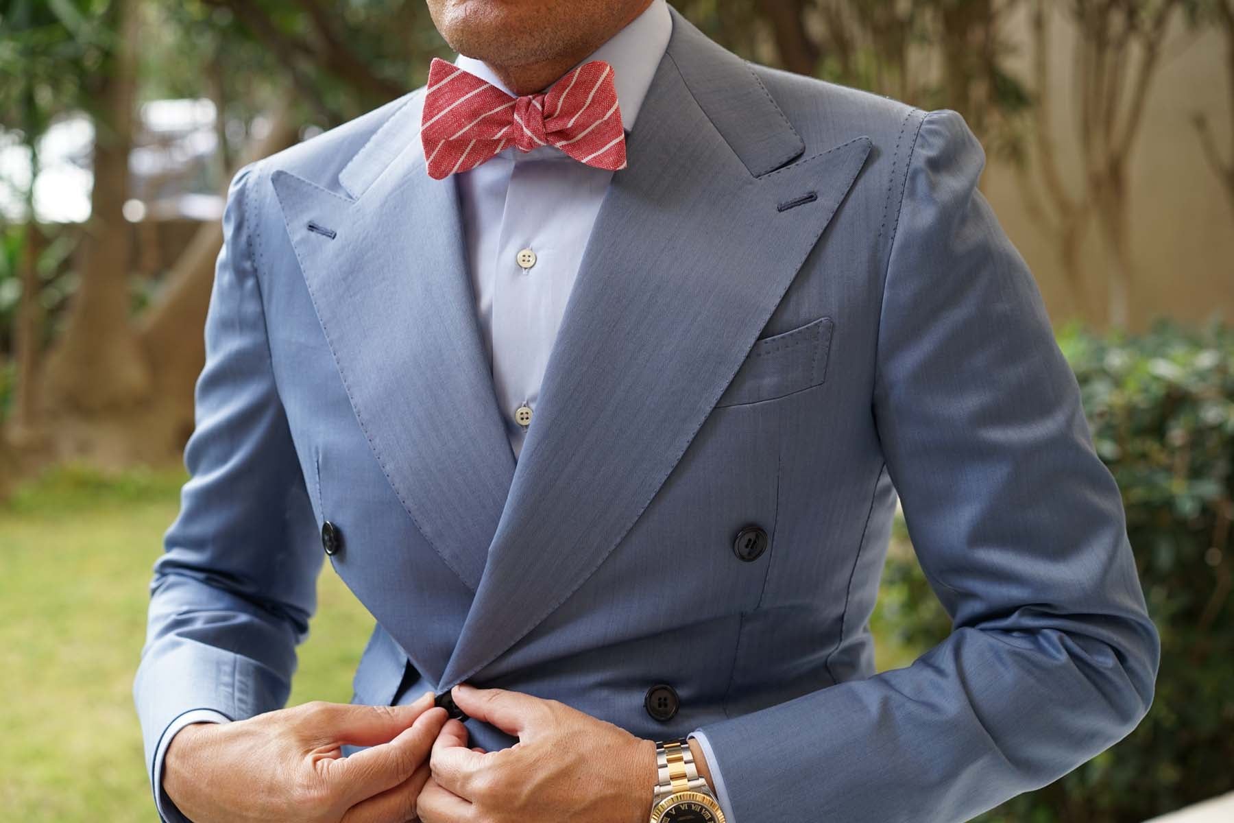 Crimson Red Linen Pinstripe Self Bow Tie