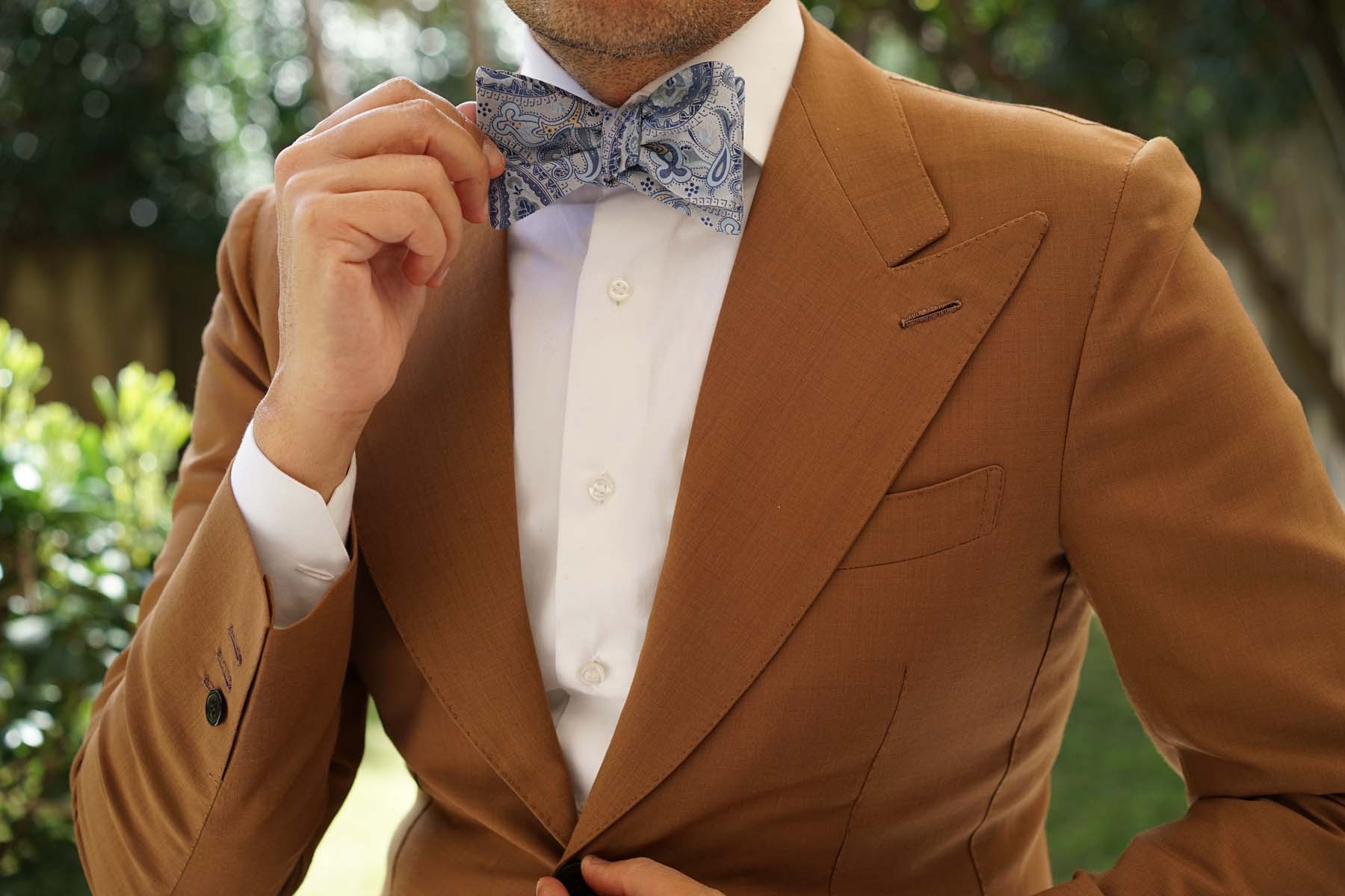 Paisley Silver Bow Tie Untied with Light Blue