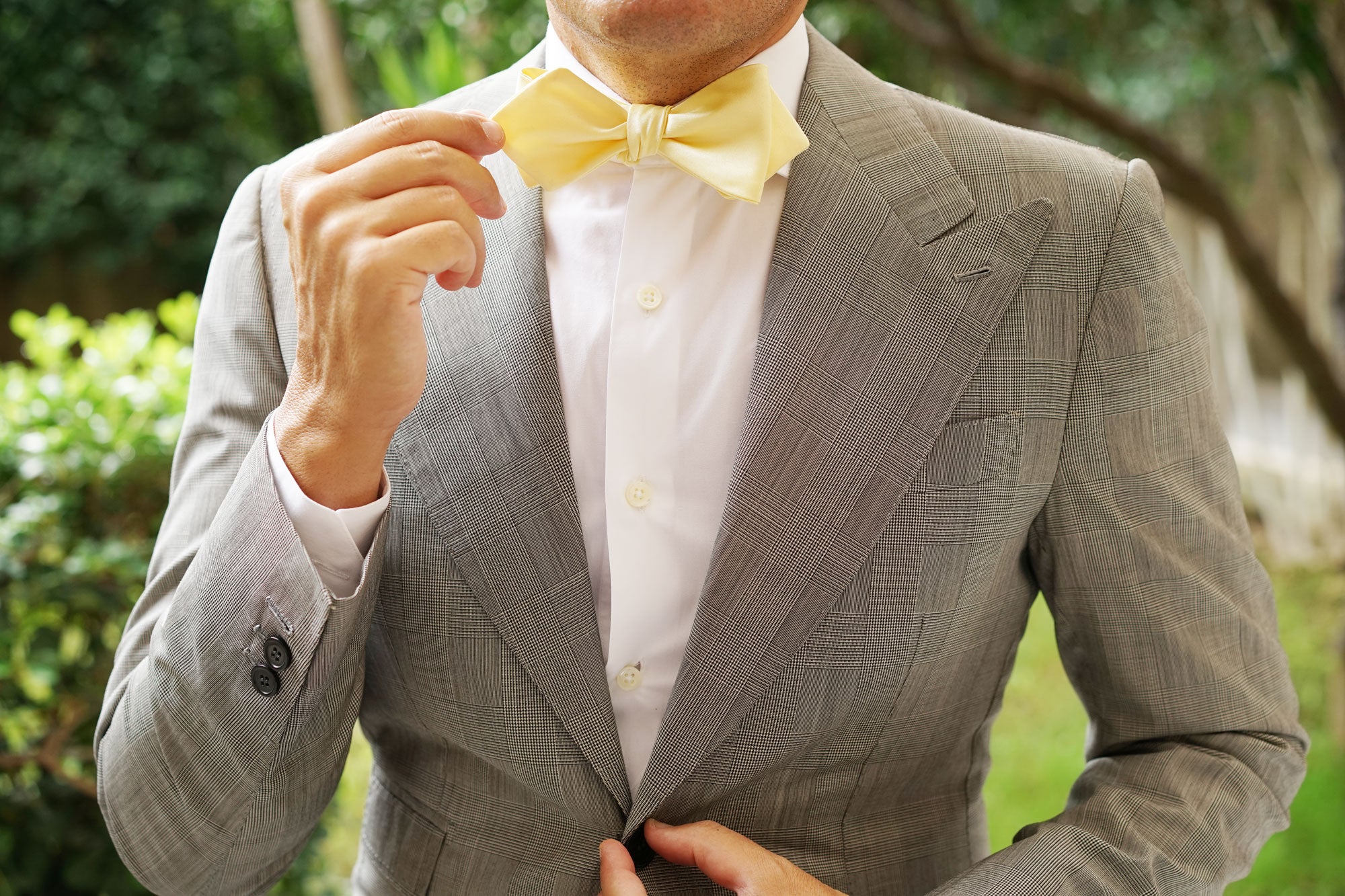 Light Yellow Satin Self Tie Diamond Tip Bow Tie