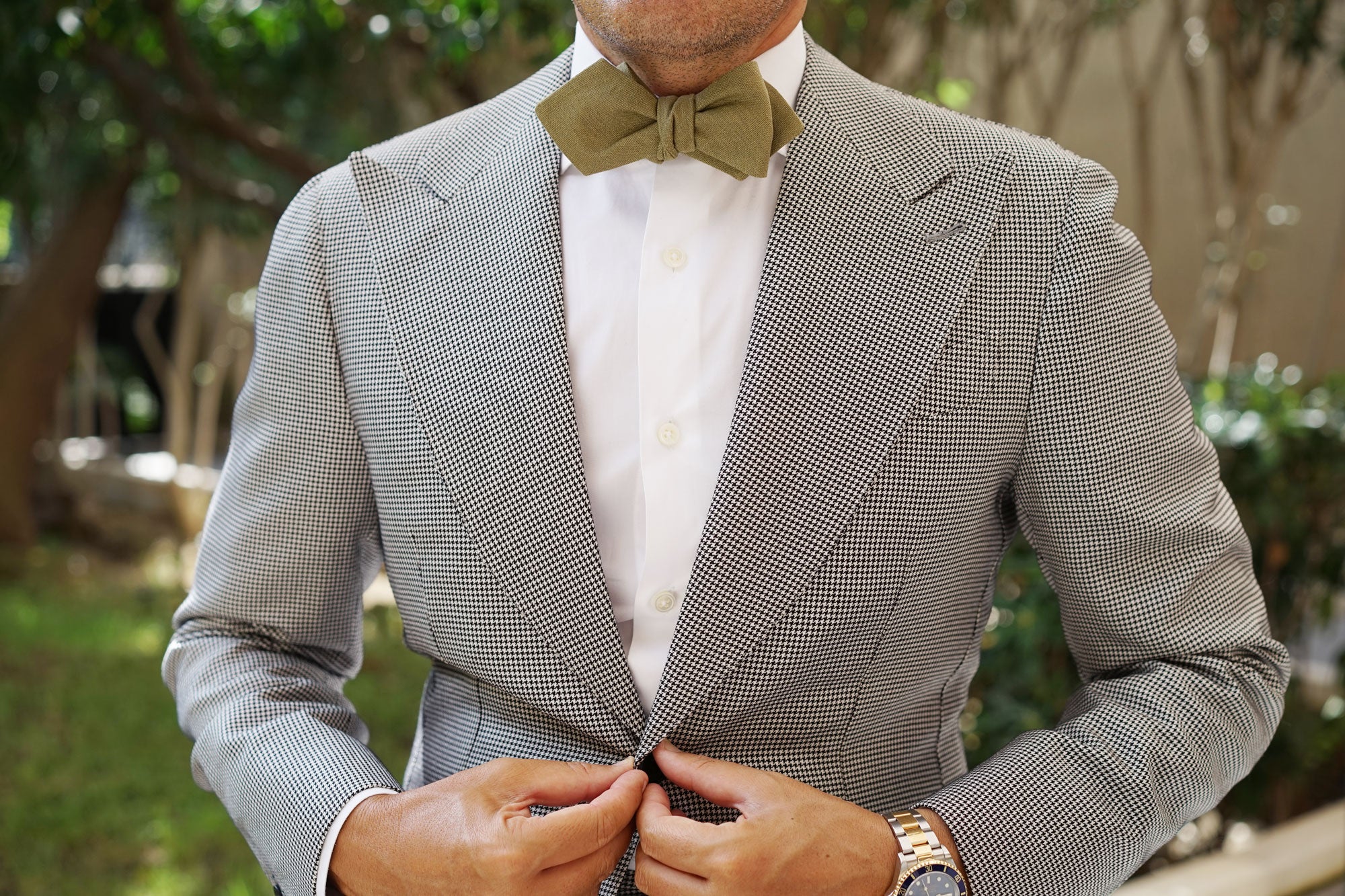 Dry Green Khaki Linen Diamond Self Bow Tie