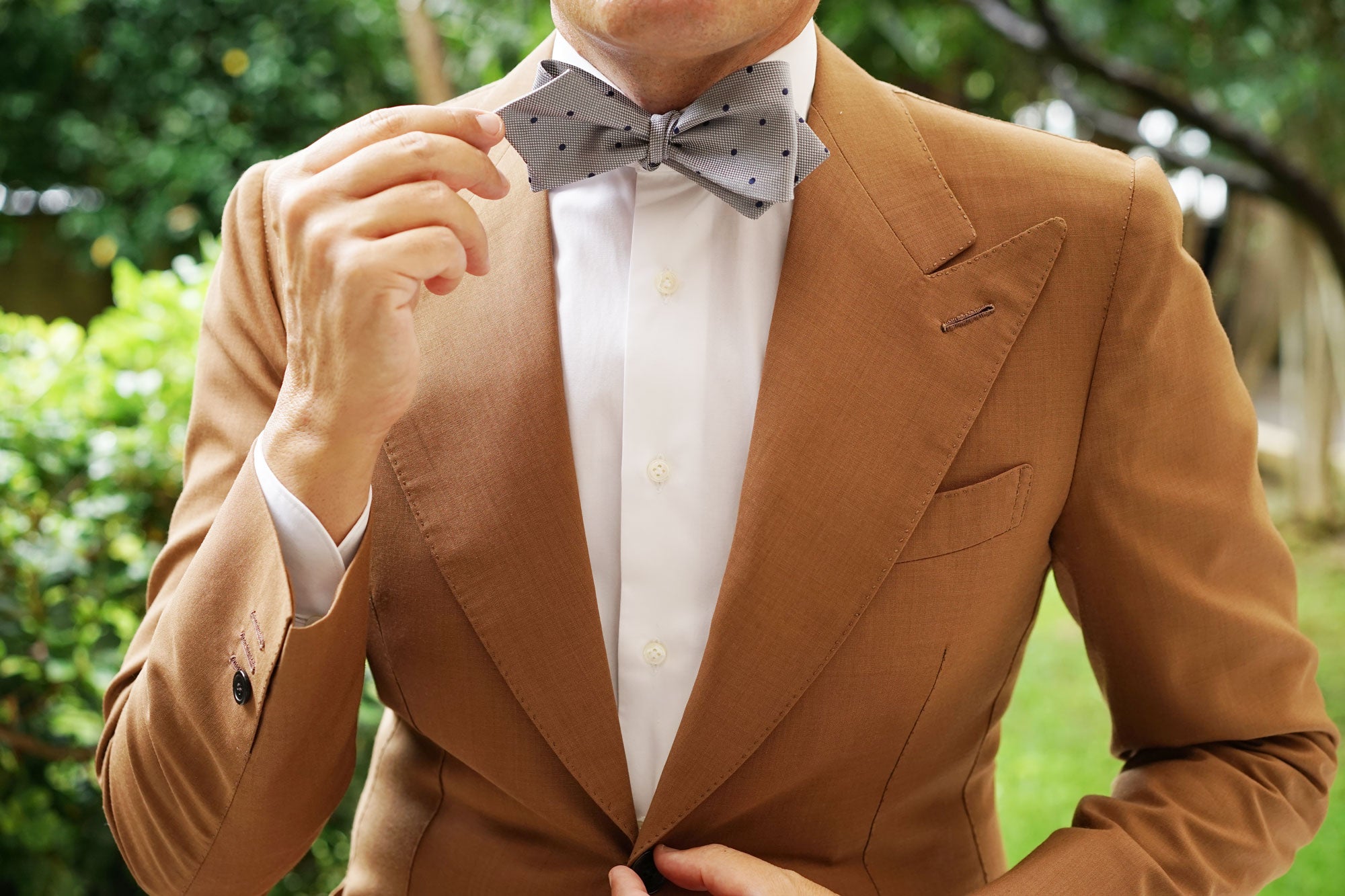 Grey with Navy Blue Polkadots Textured Self Tie Diamond Tip Bow Tie