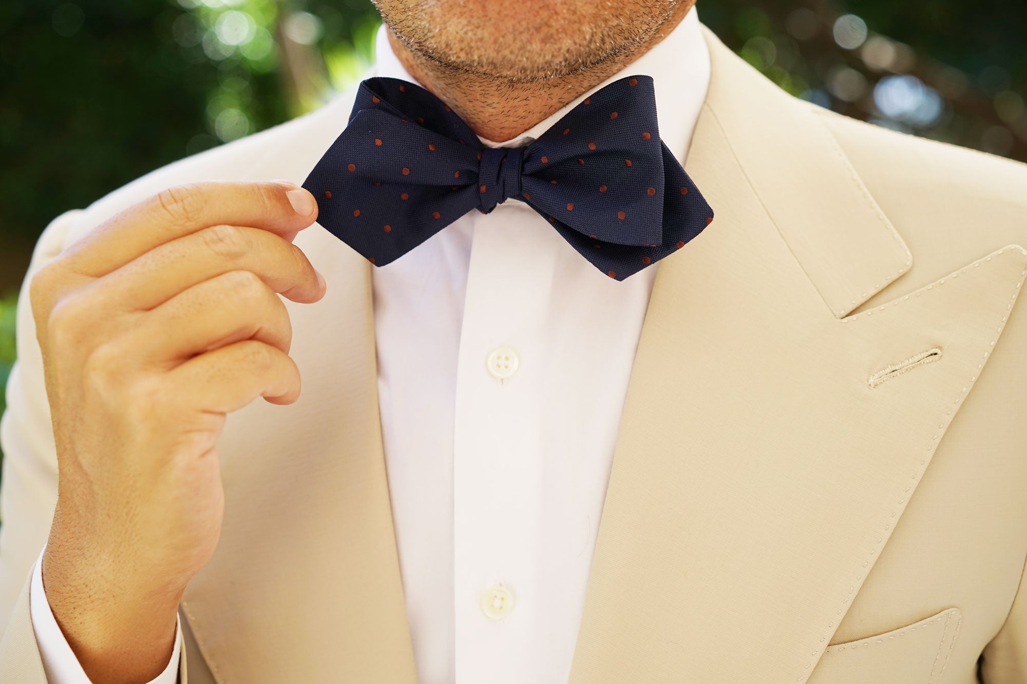 Navy Blue with Brown Polka Dots Self Tie Diamond Tip Bow Tie