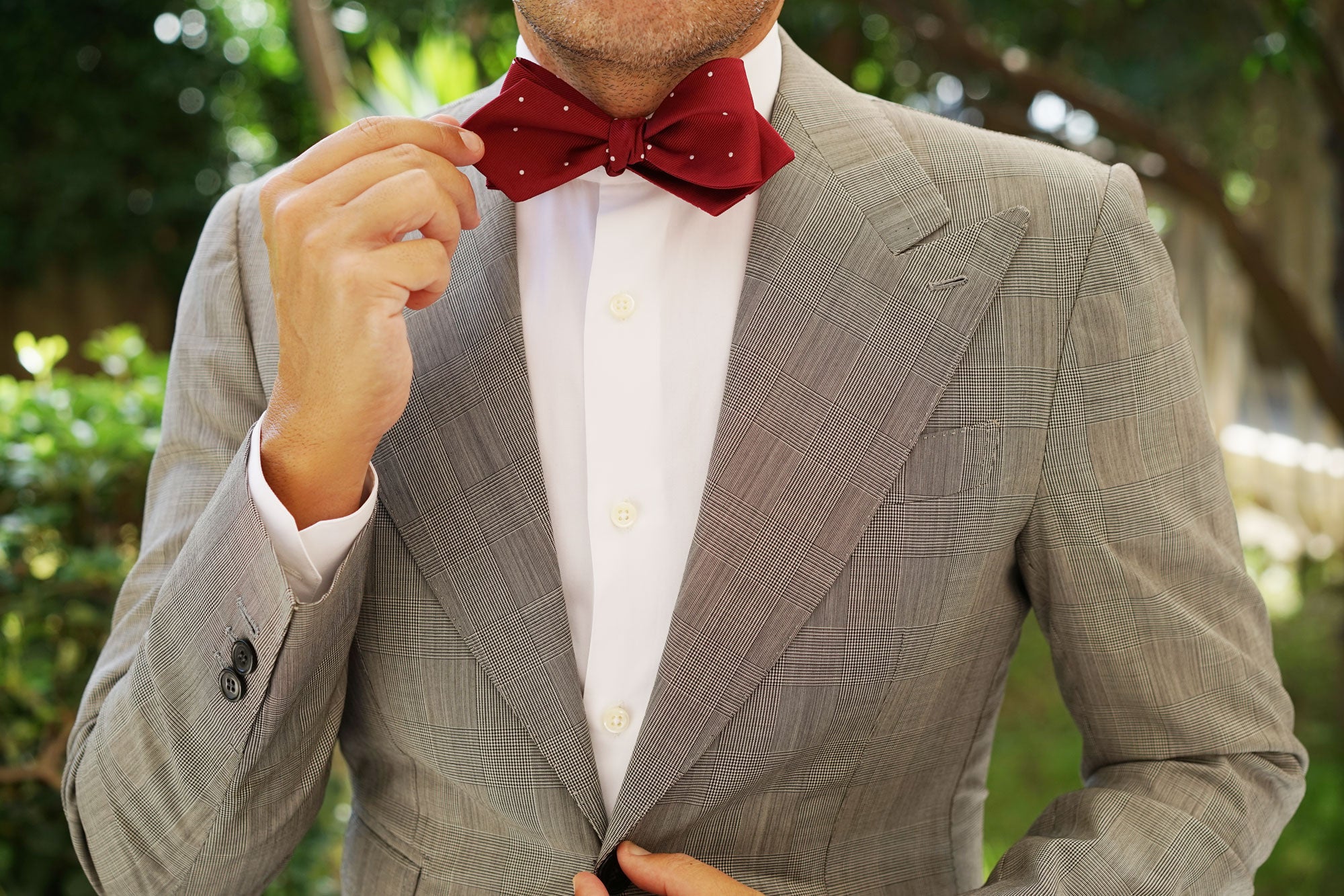 Maroon with White Polka Dots Self Tie Diamond Tip Bow Tie