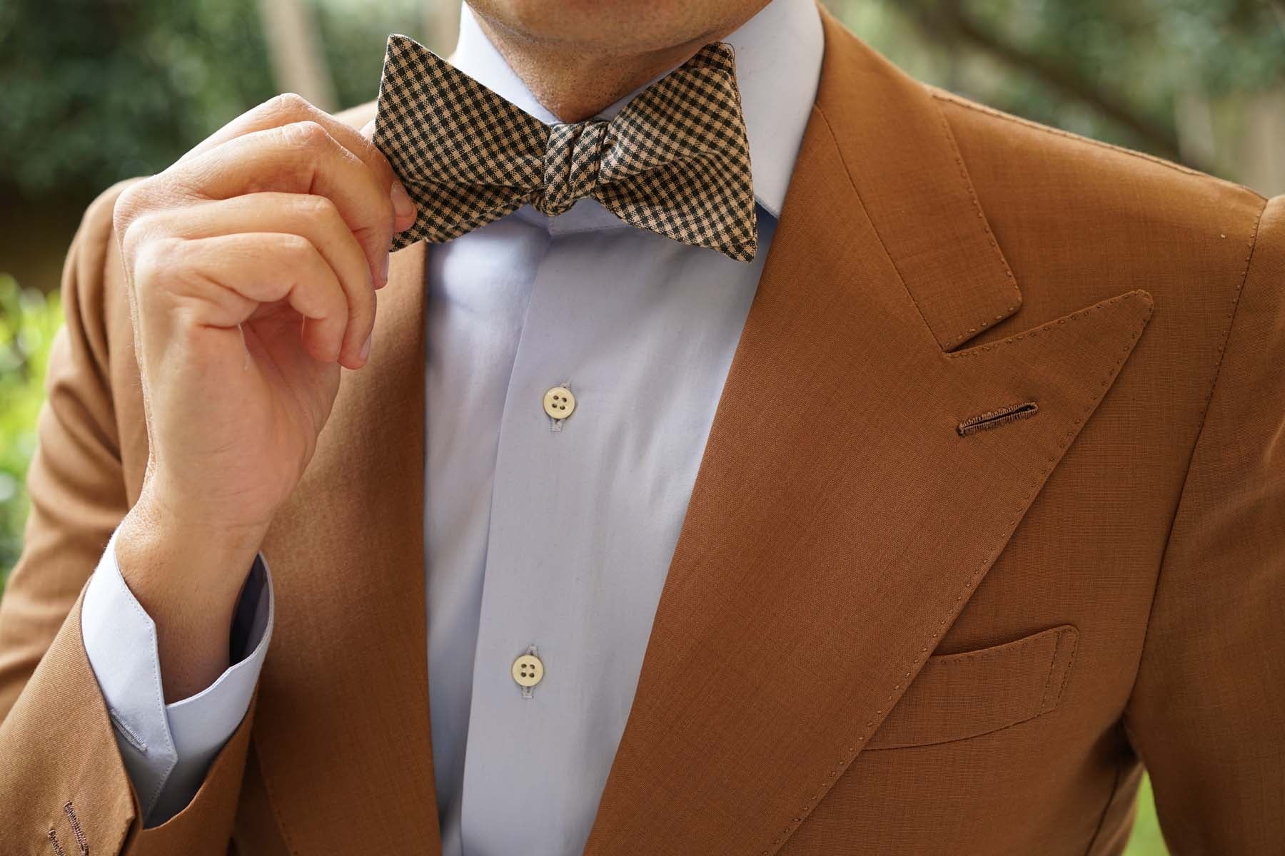 Khaki Green Gingham Blend Self Bow Tie