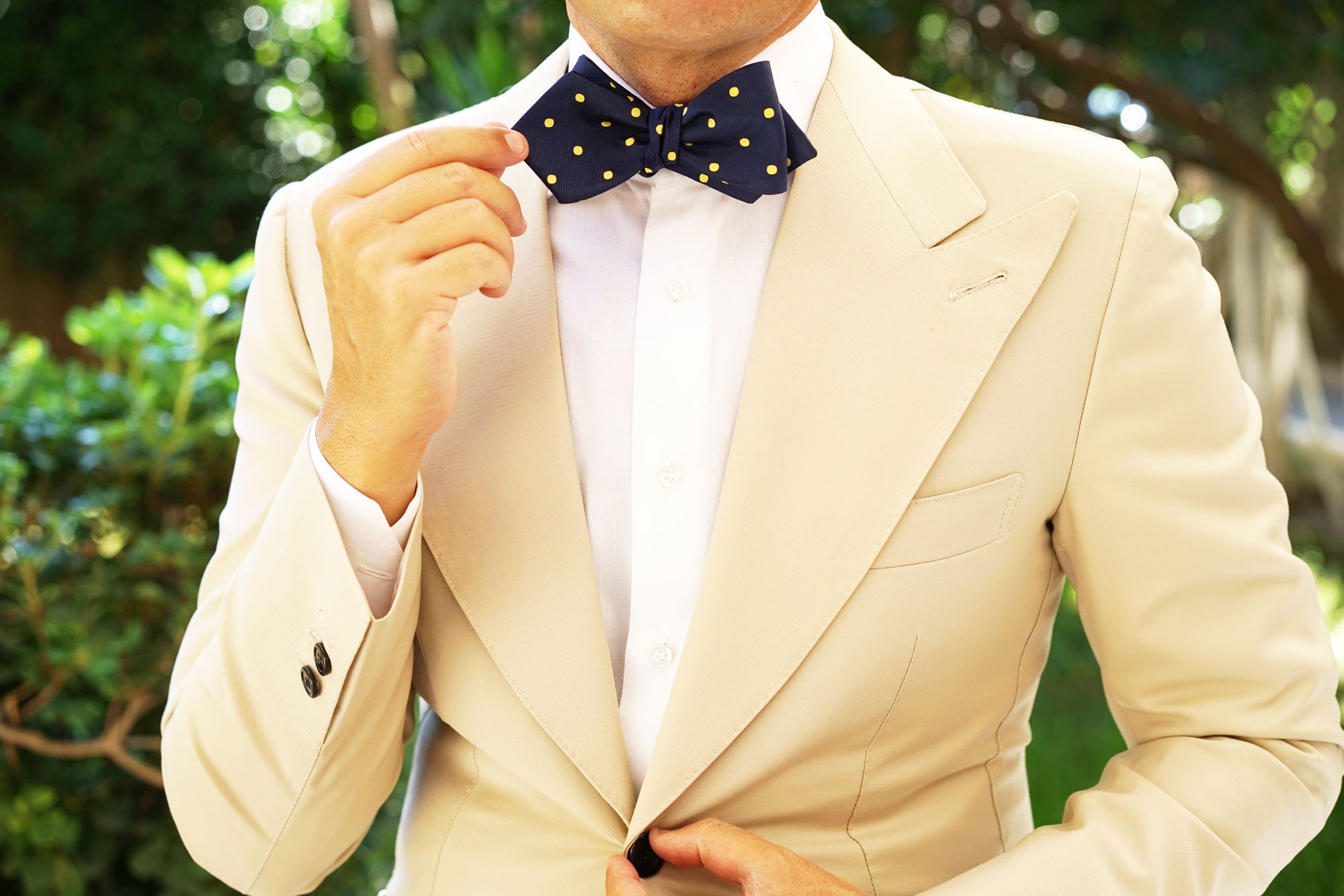 Navy on Large Yellow Dots Diamond Self Bow Tie