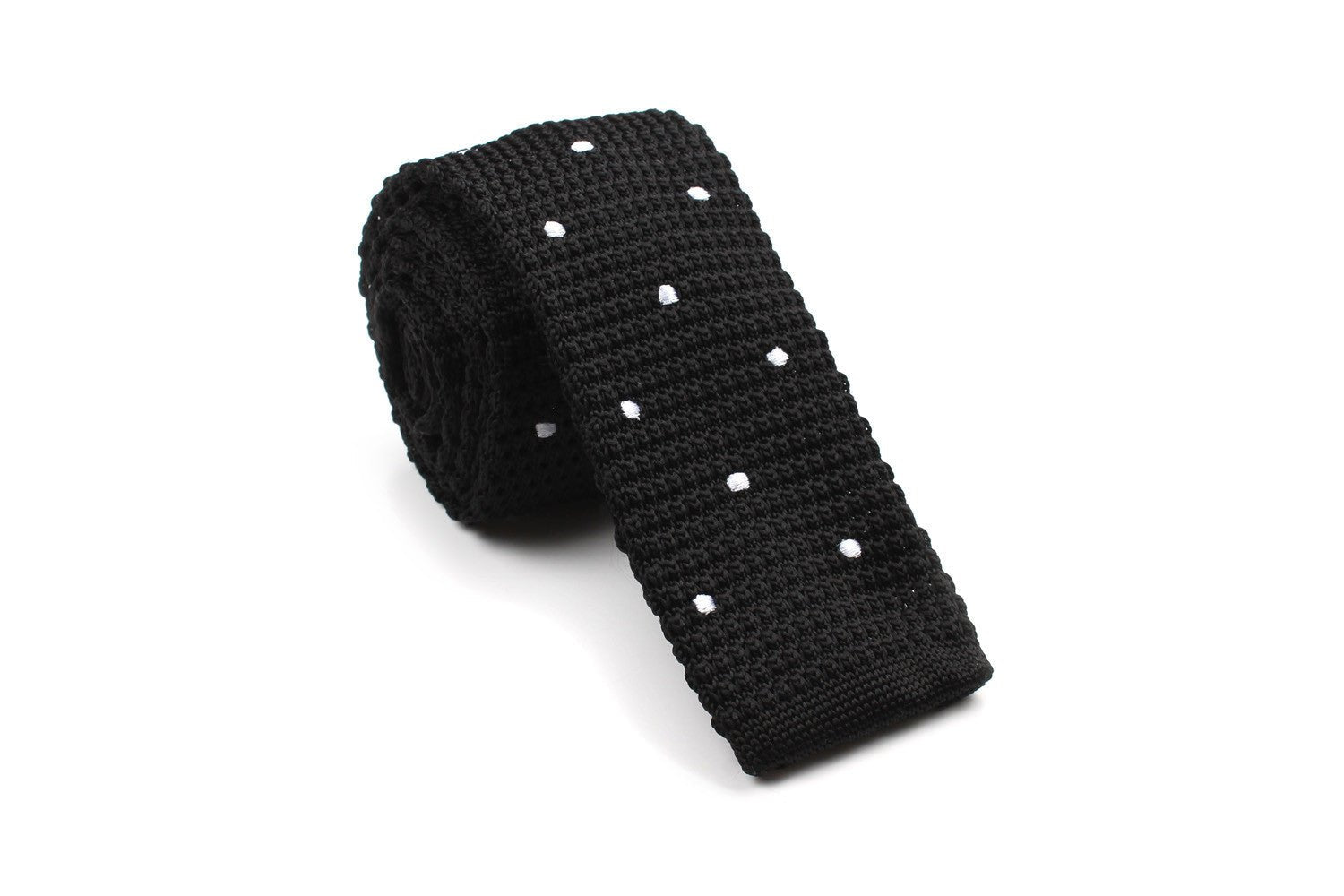 Black Knitted Tie with White Polka Dots