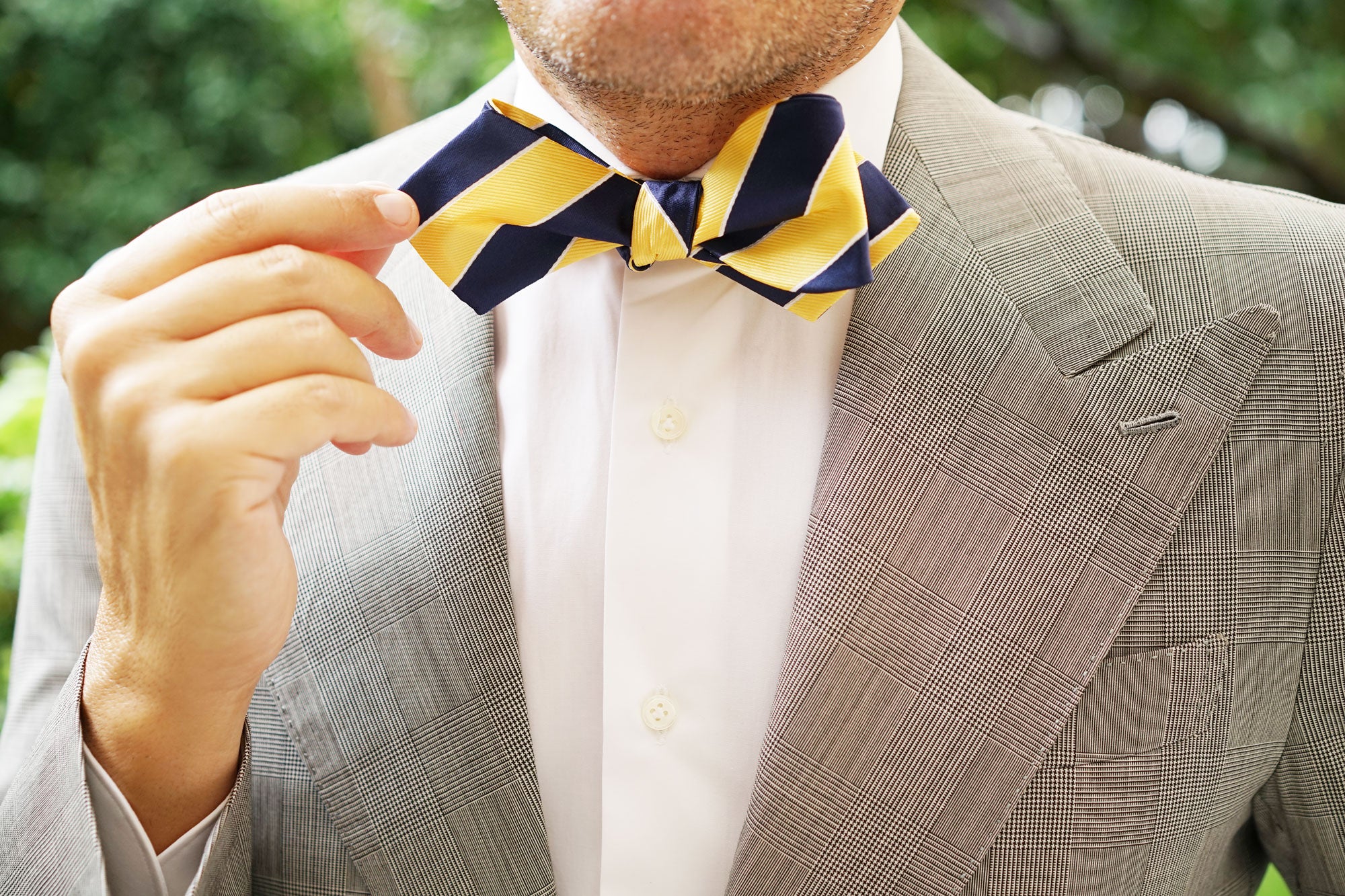 Yellow and Navy Blue Striped Self Tie Diamond Tip Bow Tie