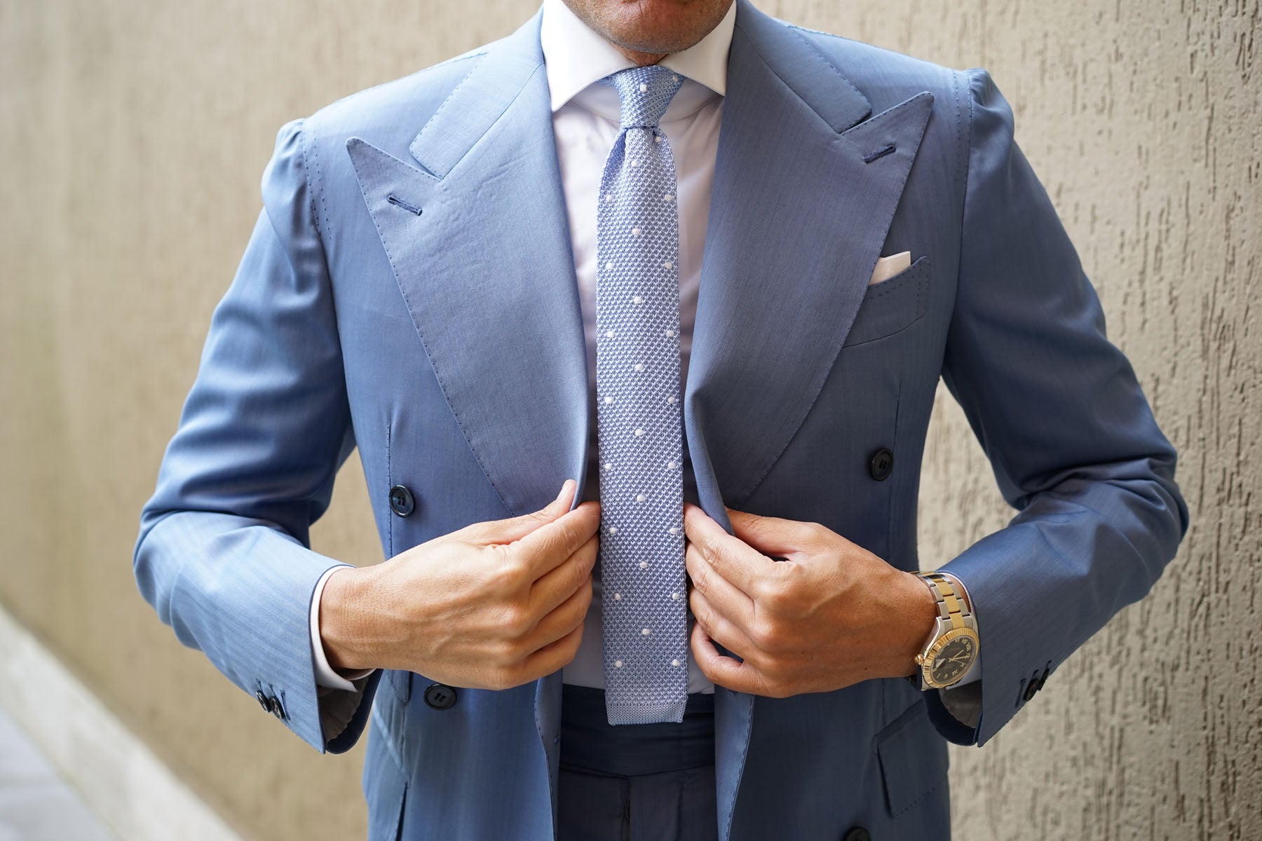 Light Blue Knitted Tie with White Polka Dots