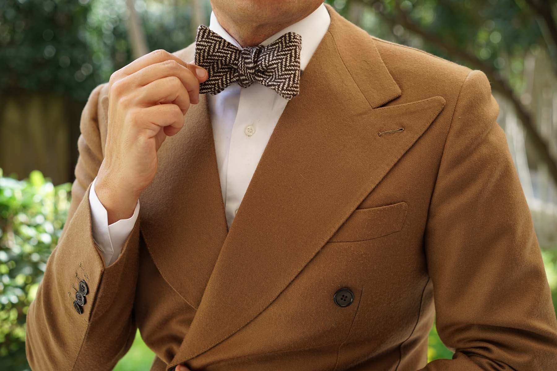 Brown Chevron Wool Self Bow Tie